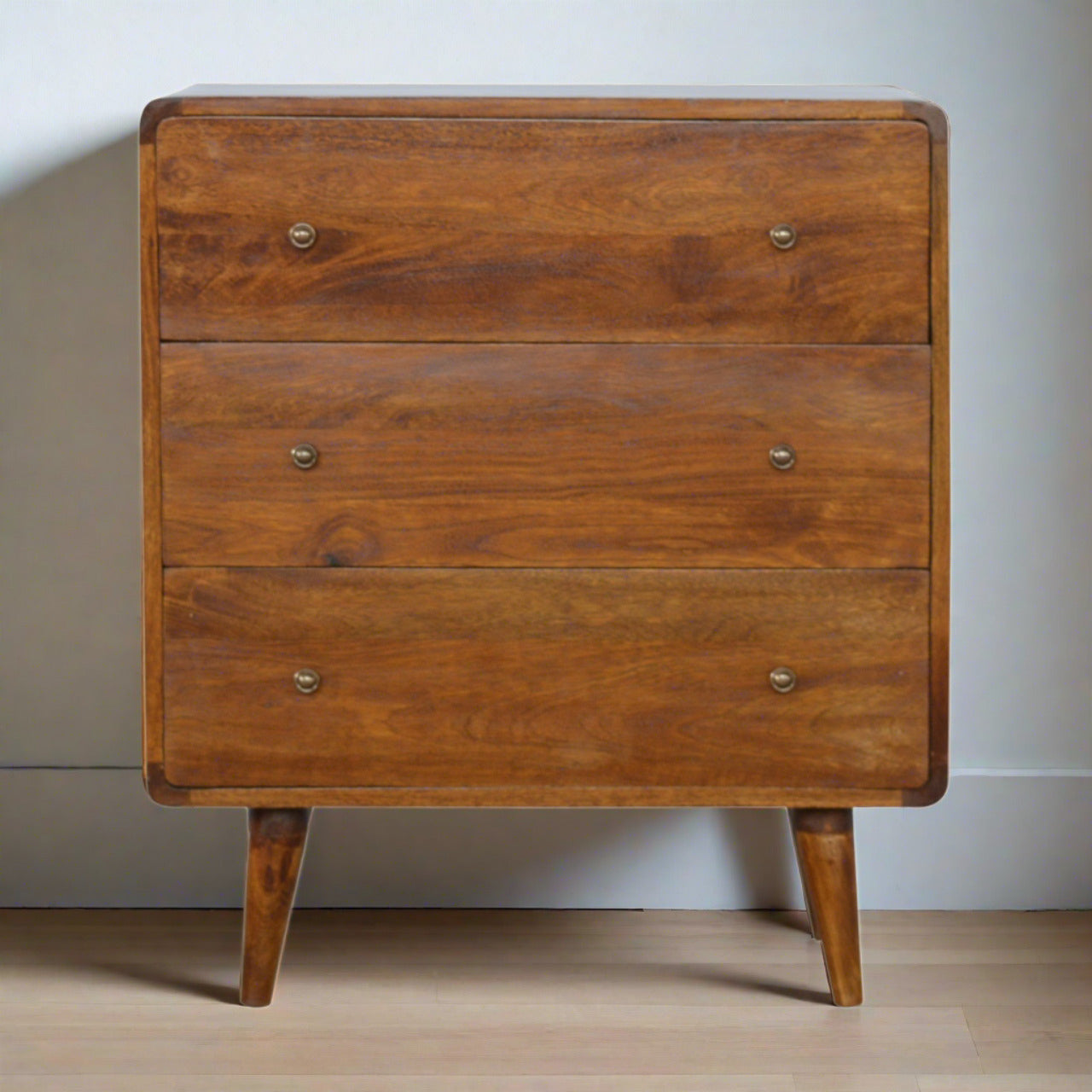 Century handmade solid wood 3 drawer chest of drawers in deep chestnut finish | malletandplane.com