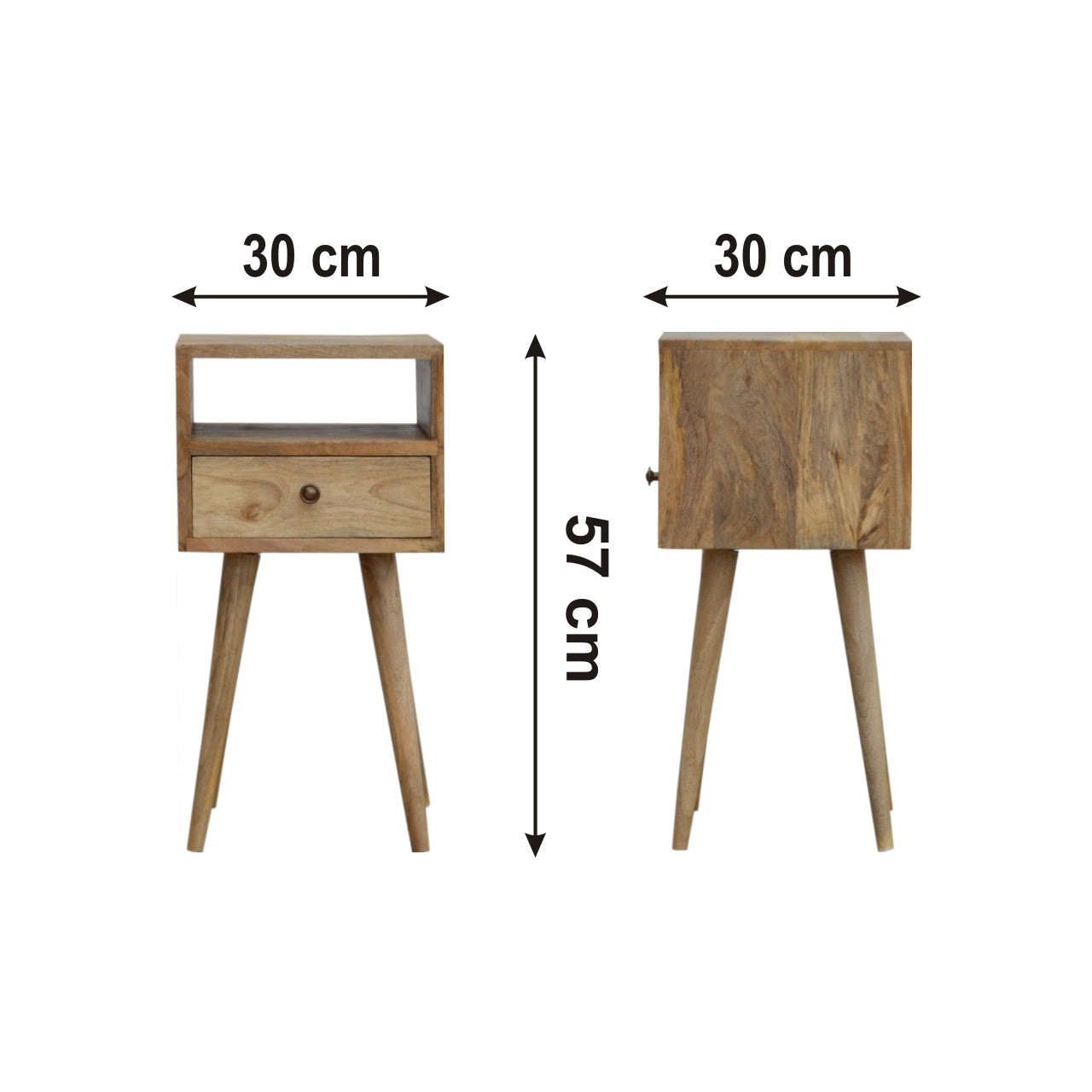 Ronan handmade solid mango wood small bedside table in a fine mango finish  | malletandplane.com