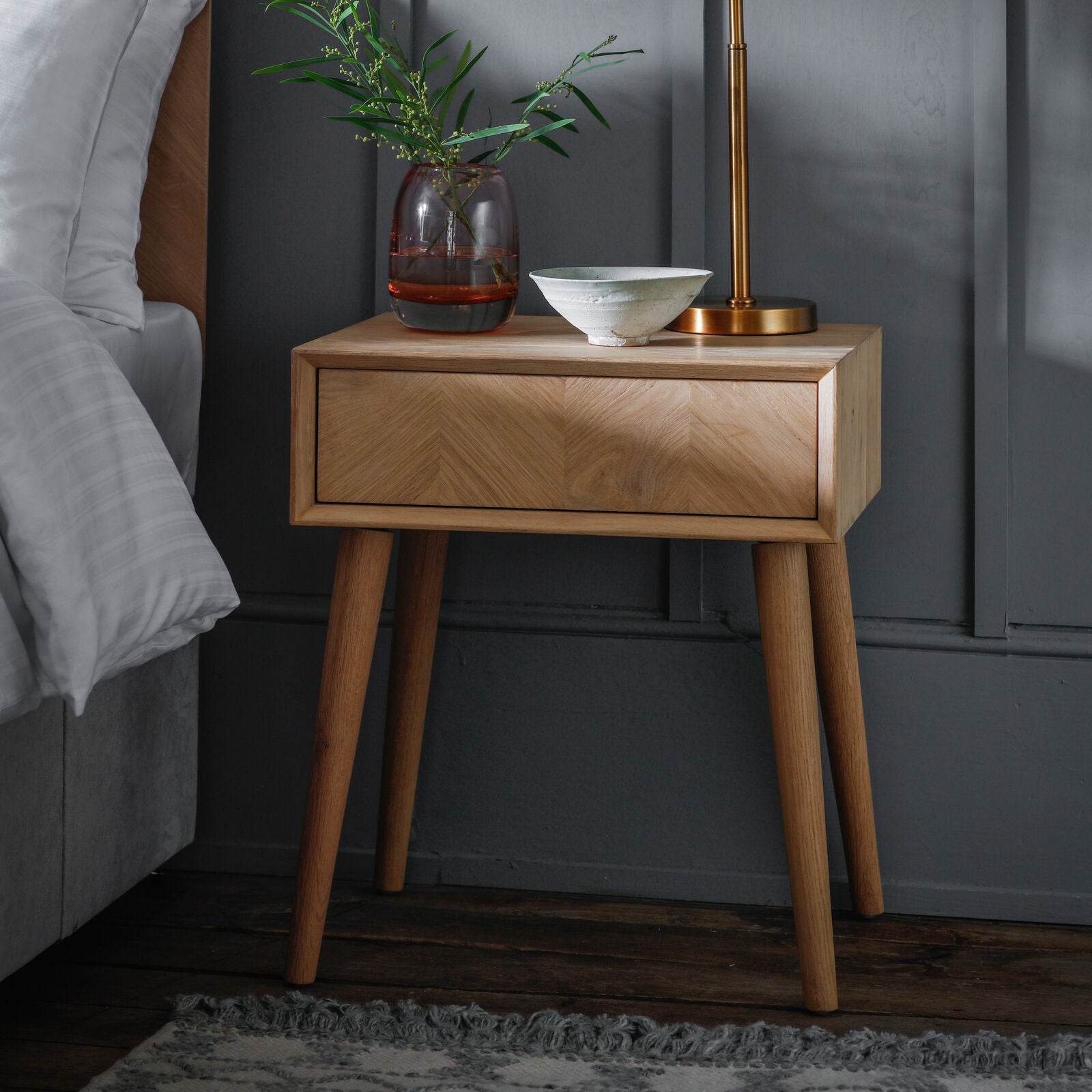 Jakob 1 drawer bedside table in light oak | malletandplane.com