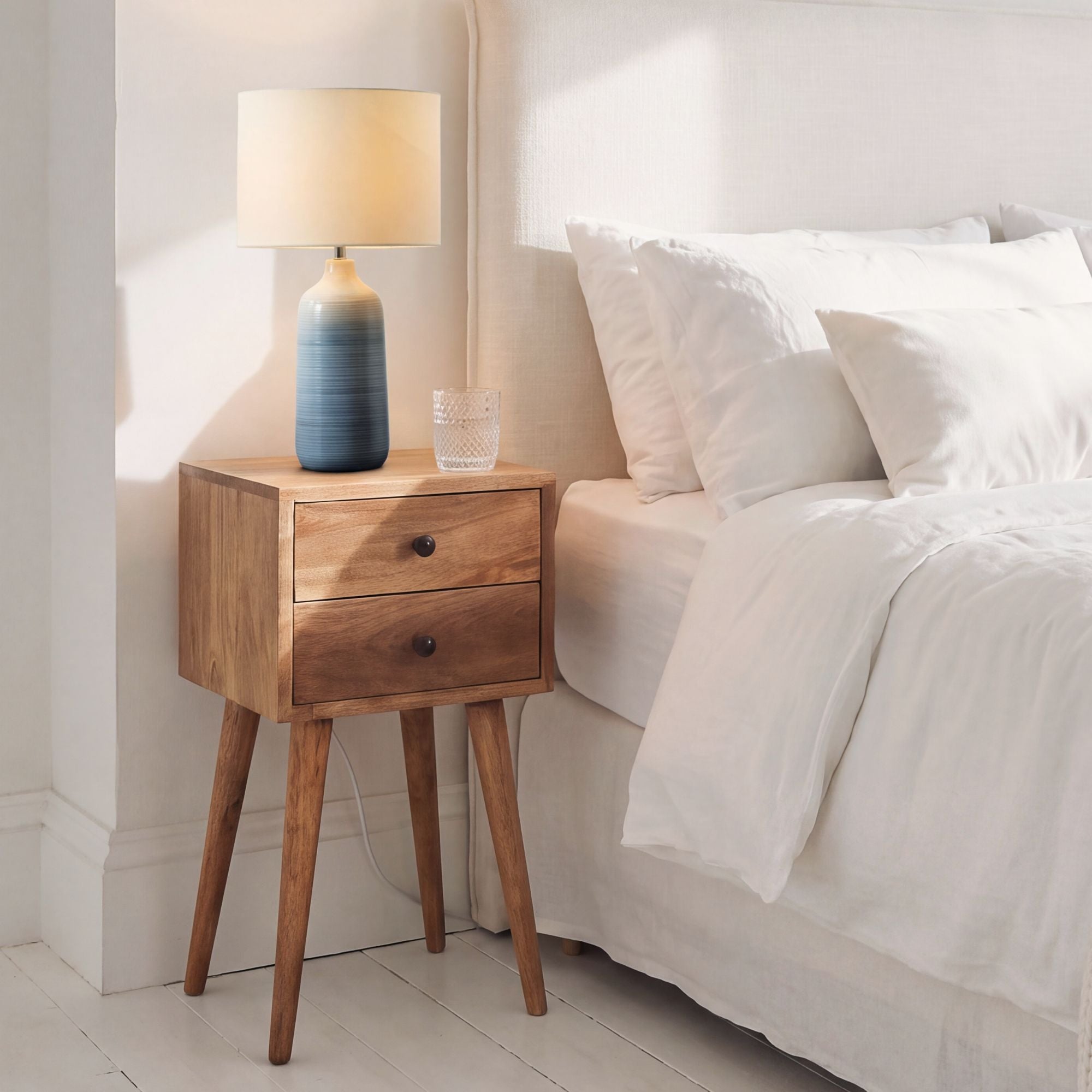 Joel handmade solid wood narrow bedside table with 2 drawers in natural finish