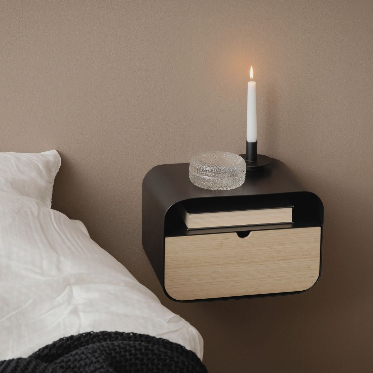 JOLEN Wall-Mounted Bedside Table in Black & Bamboo | malletandplane.com