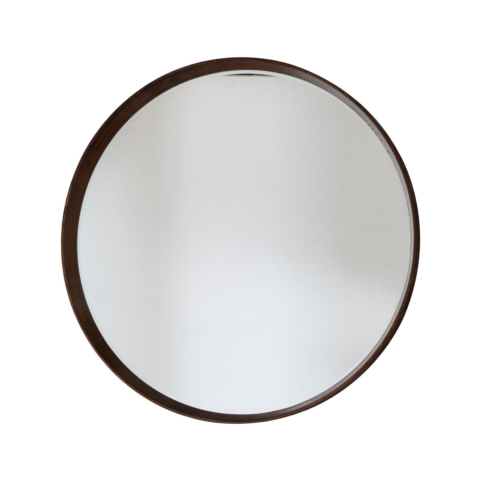 KEATON Large Walnut Round Mirror – Solid Wood Bevelled Frame | malletandplane.com