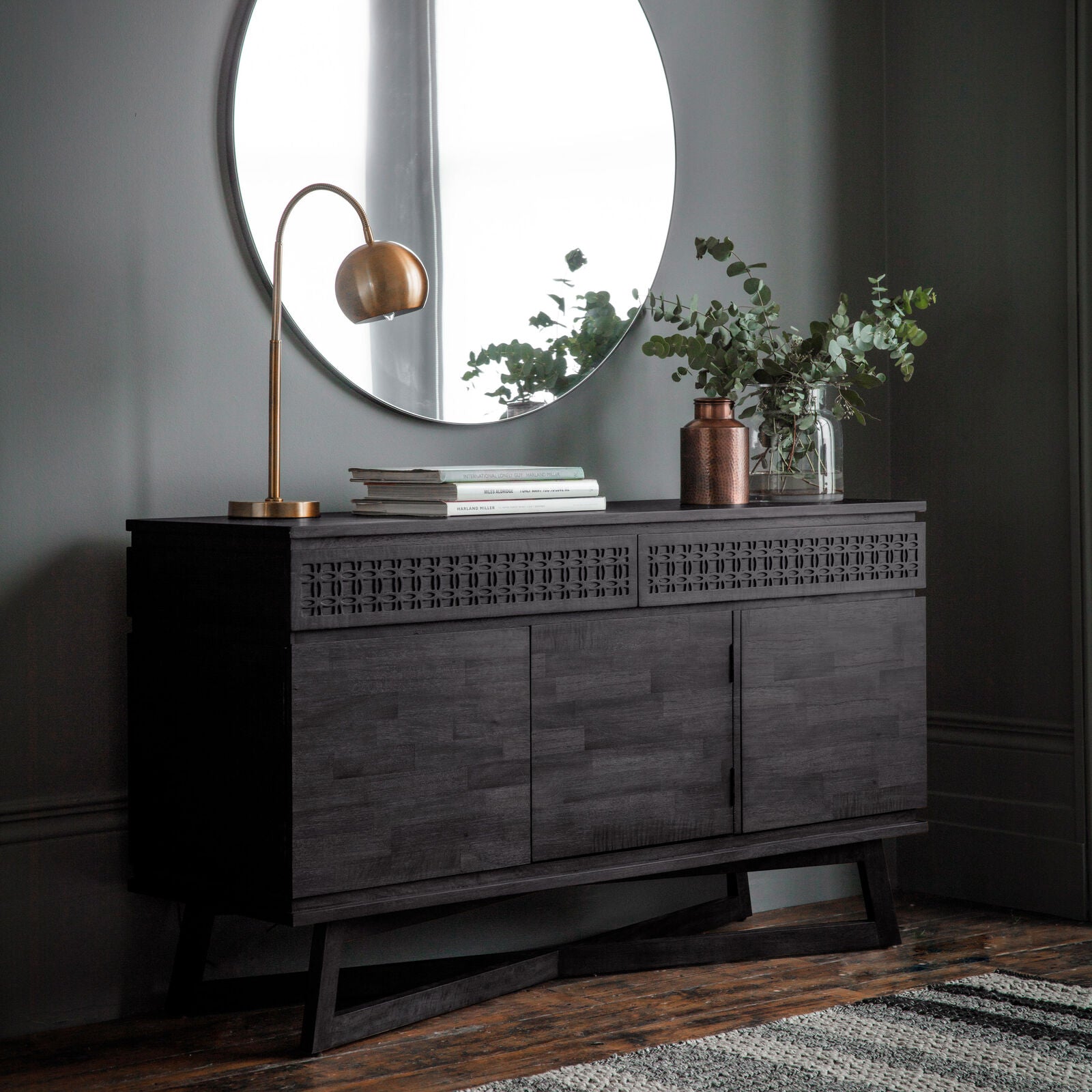 Laylah charcoal black contemporary style sideboard with ample storage | malletandplane.com