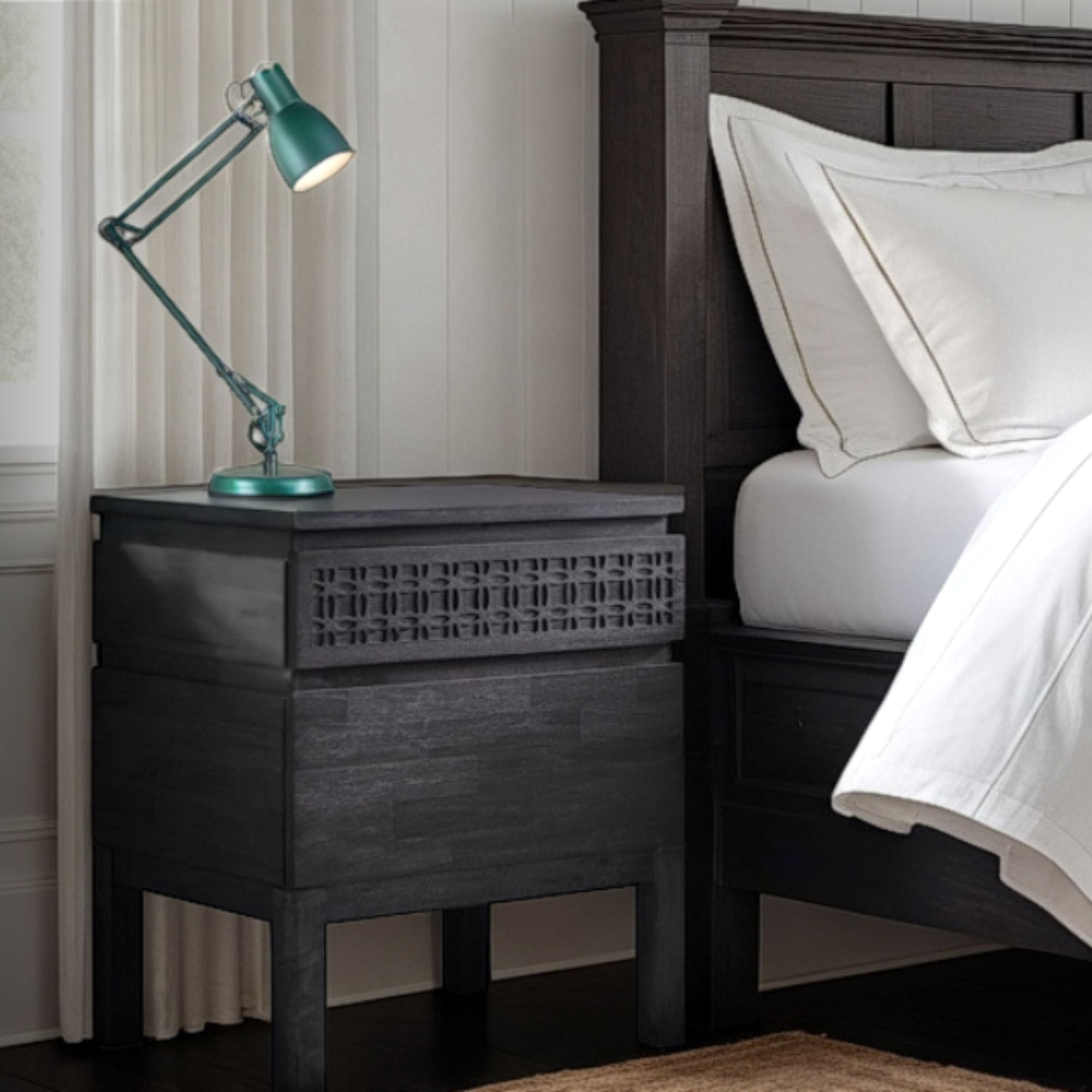 Laylah Bedside Table in matt black mango wood | MalletandPlane.com