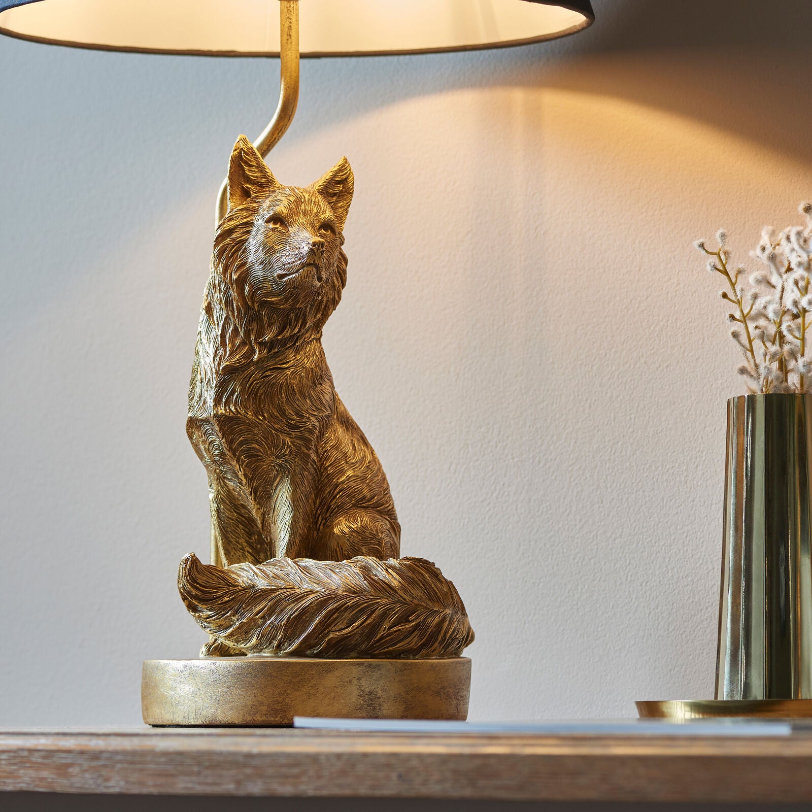 Basil Fox table lamp in vintage gold finish with black fabric shade | malletandplane.com