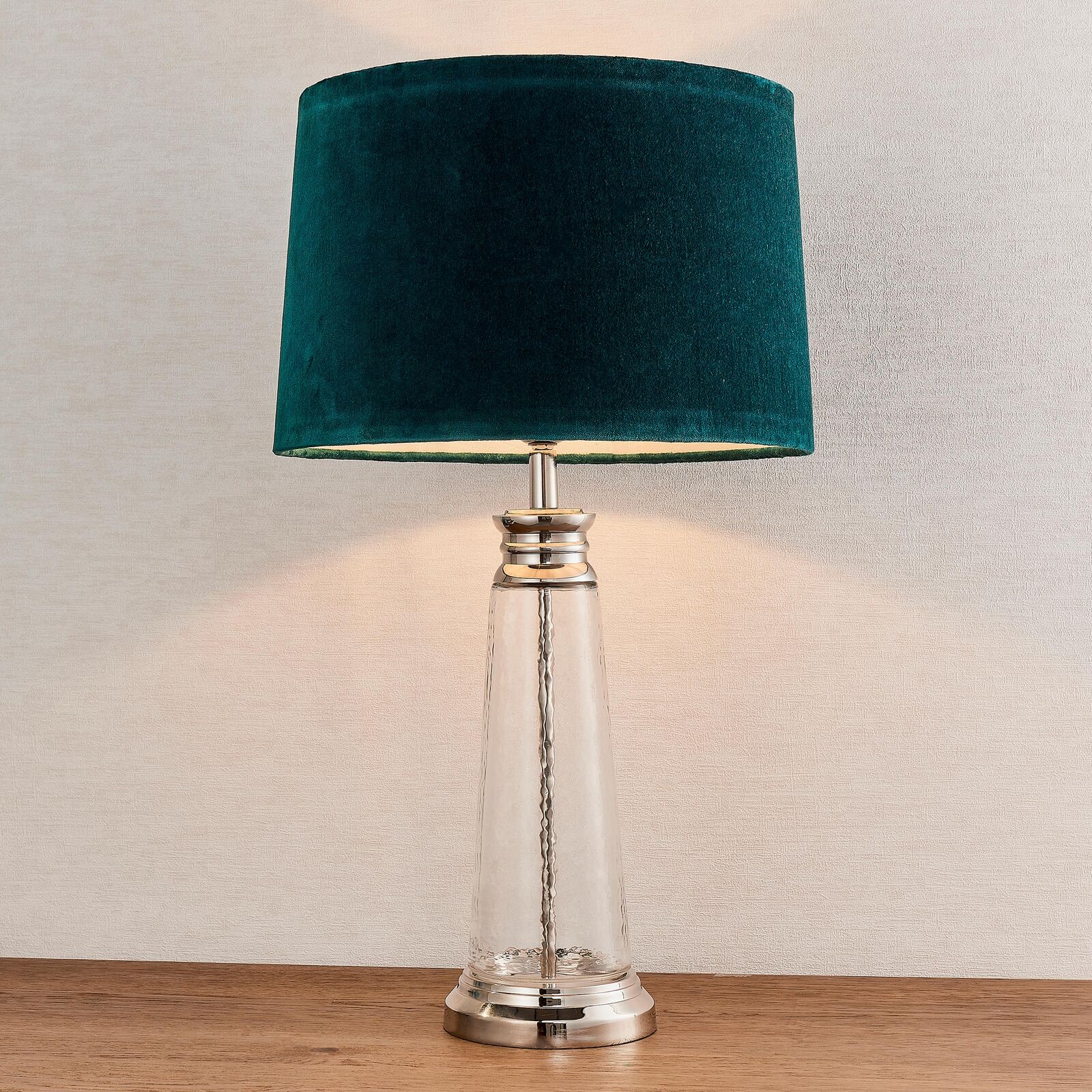 Lucy table lamp with hammered glass base and teal velvet shade | malletandplane.com