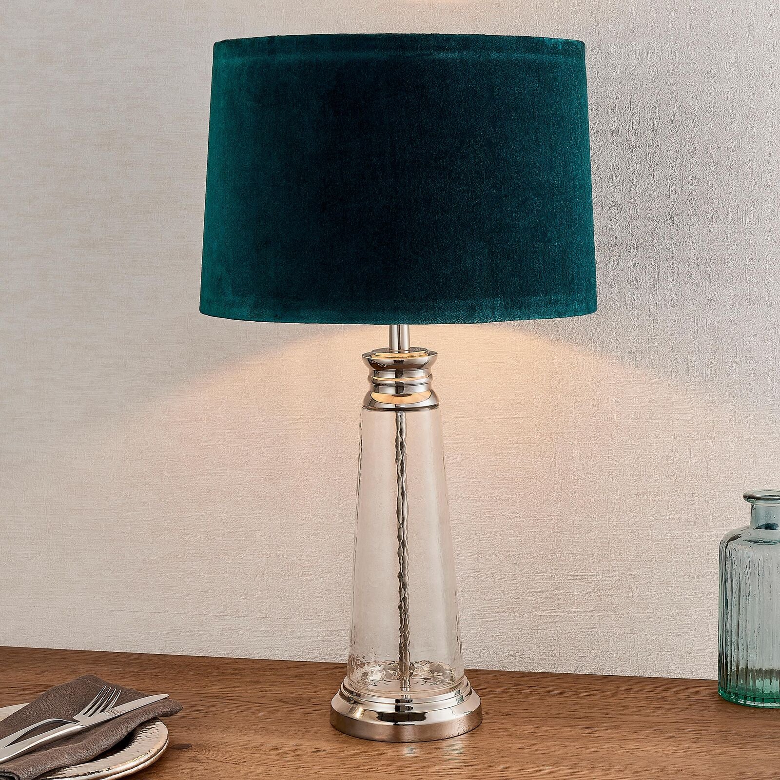 Lucy table lamp with hammered glass base and teal velvet shade | malletandplane.com