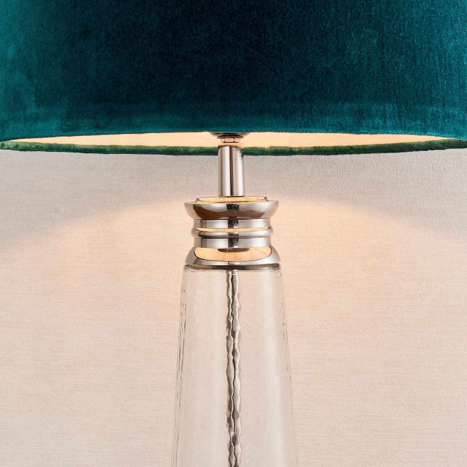 Lucy table lamp with hammered glass base and teal velvet shade | malletandplane.com