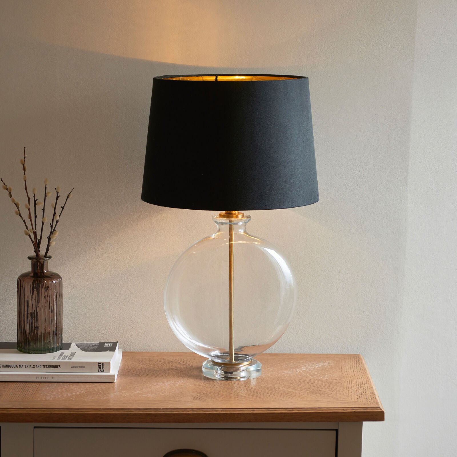 Lulu Glass table lamp with brass detail and black velvet shade | malletandplane.com