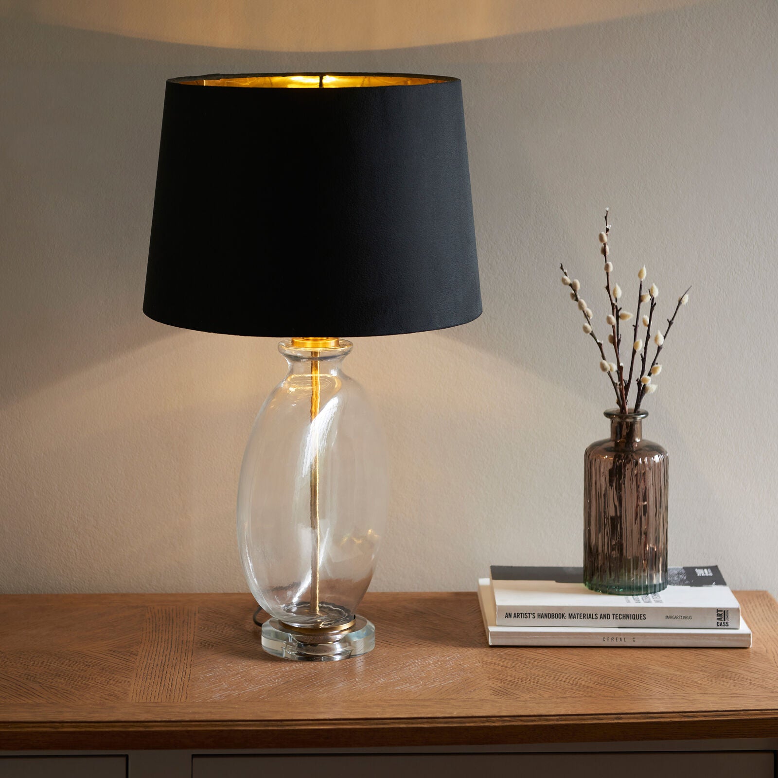 Lulu Glass table lamp with brass detail and black velvet shade | malletandplane.com