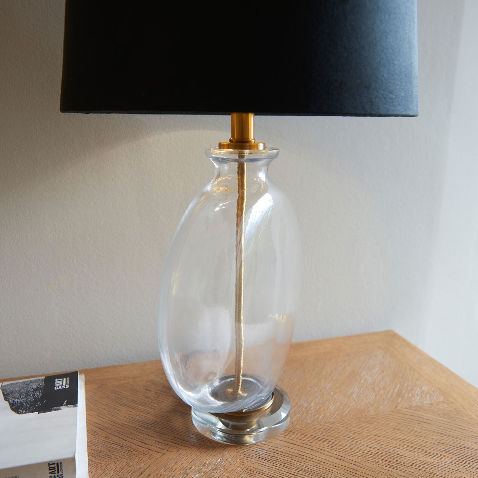 Lulu Glass table lamp with brass detail and black velvet shade | malletandplane.com