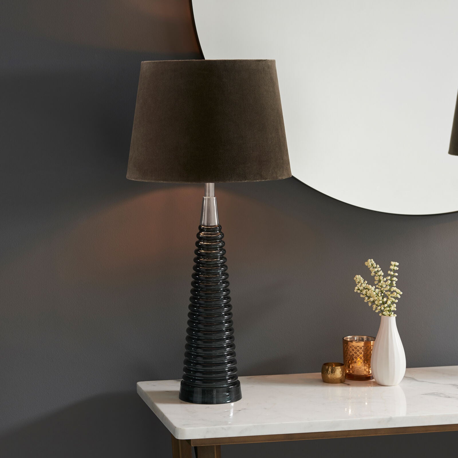 Lara table lamp with smoked grey glass and mocha velvet shade | malletandplane.com