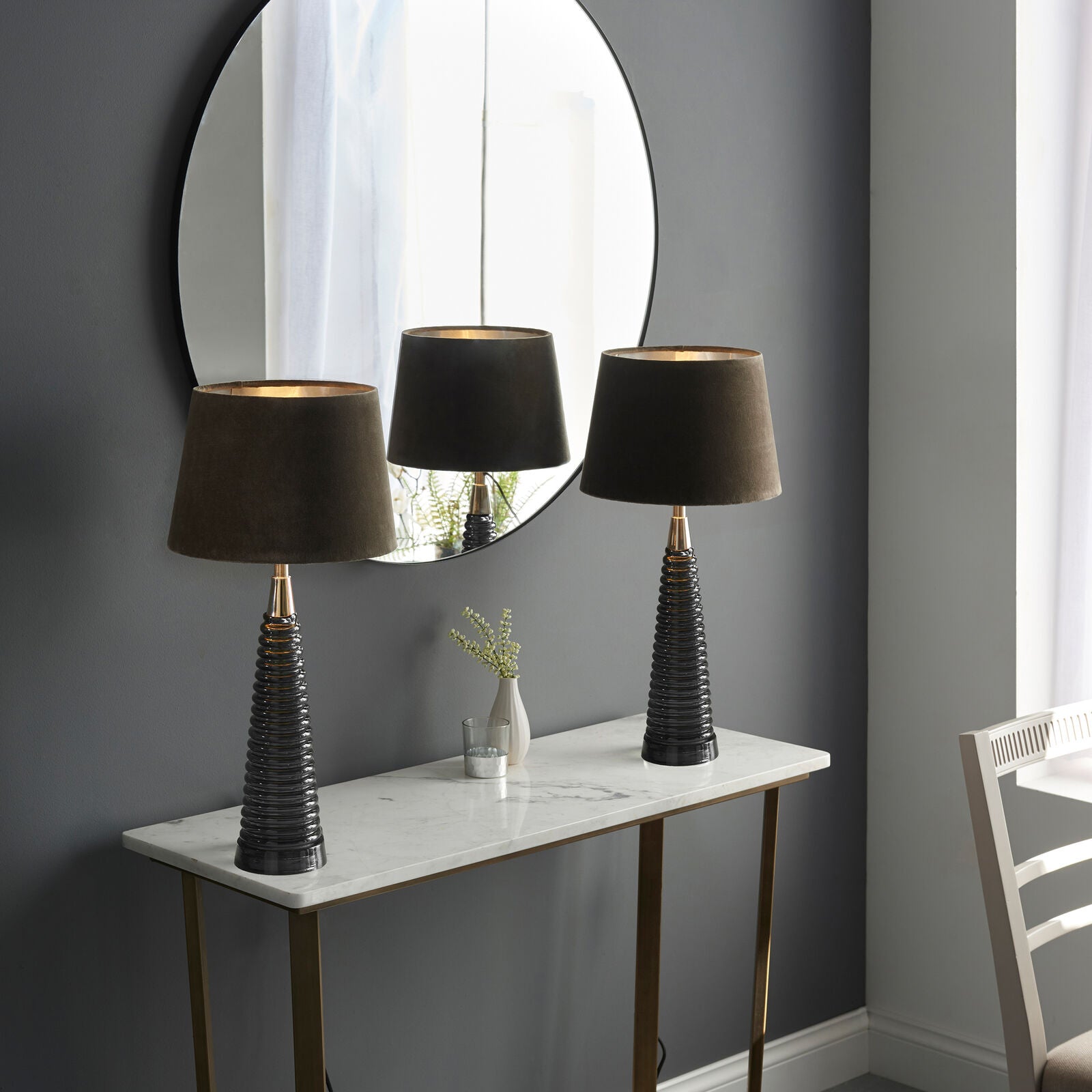 Lara table lamp with smoked grey glass and mocha velvet shade | malletandplane.com