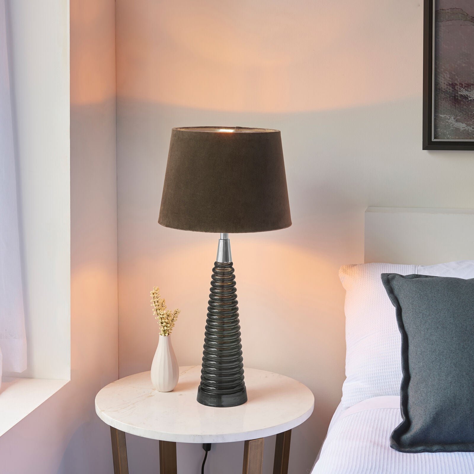 Lara table lamp with smoked grey glass and mocha velvet shade | malletandplane.com