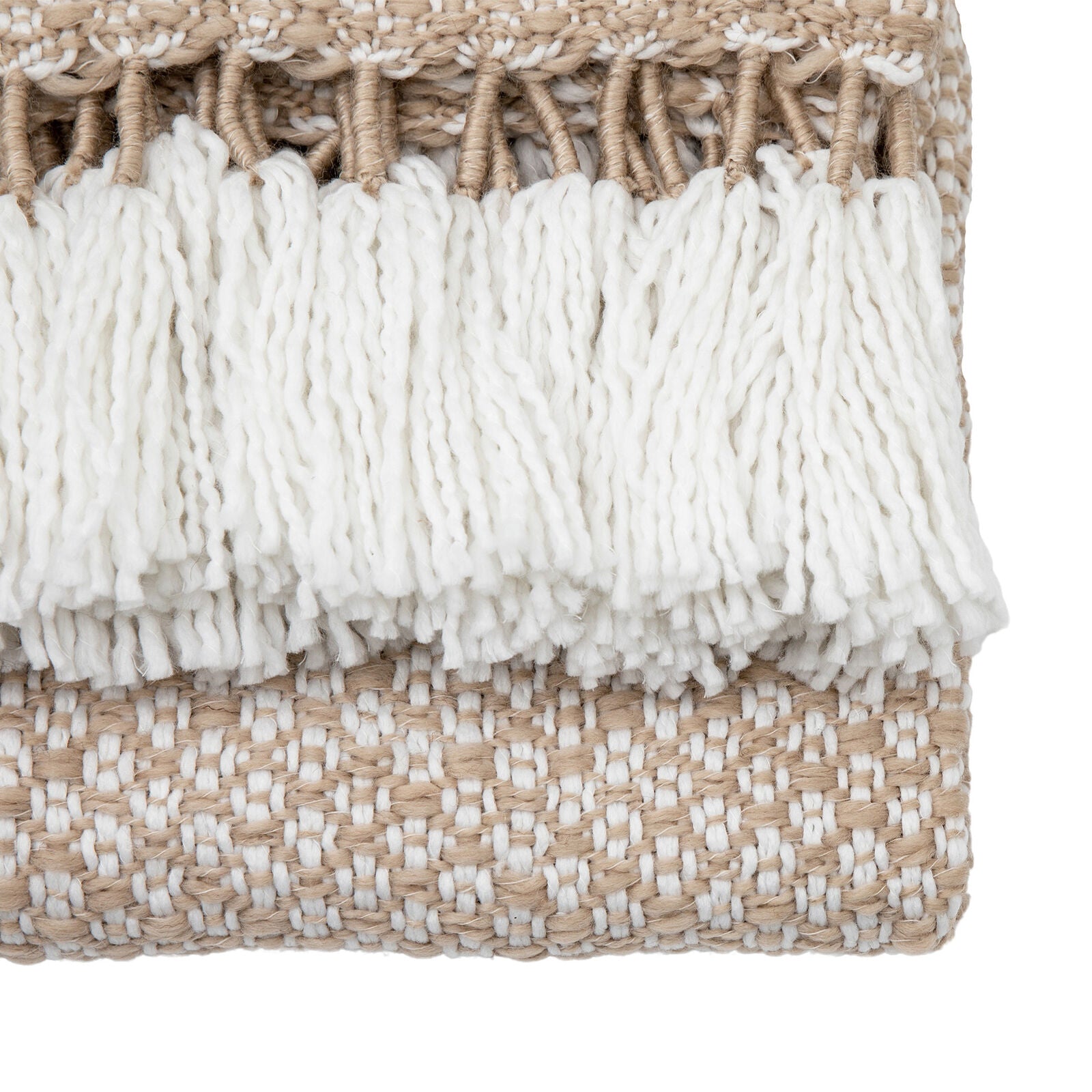 Lionel natural throw with neutral woven design and large wite tassels | malletandplane.com