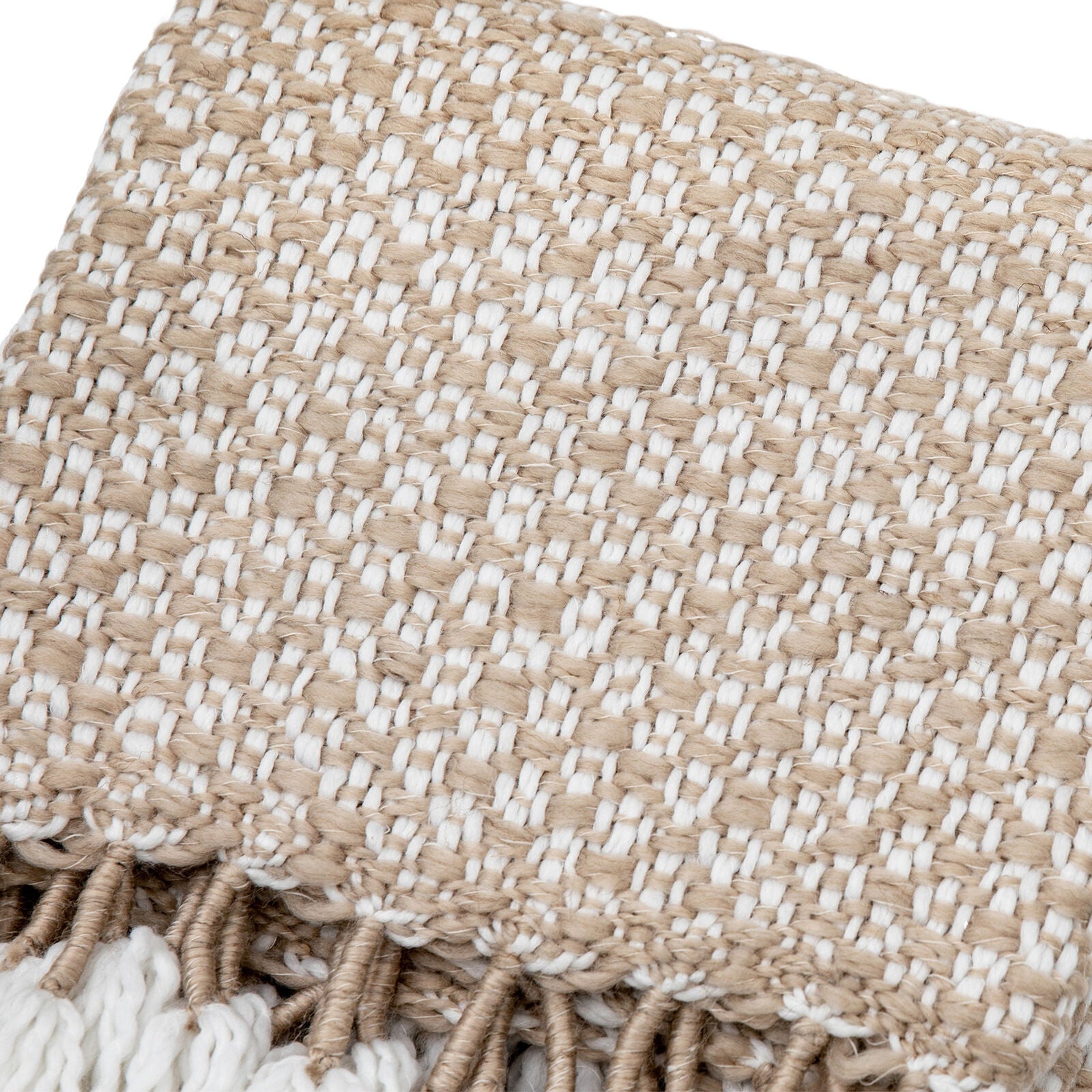 Lionel natural throw with neutral woven design and large wite tassels | malletandplane.com