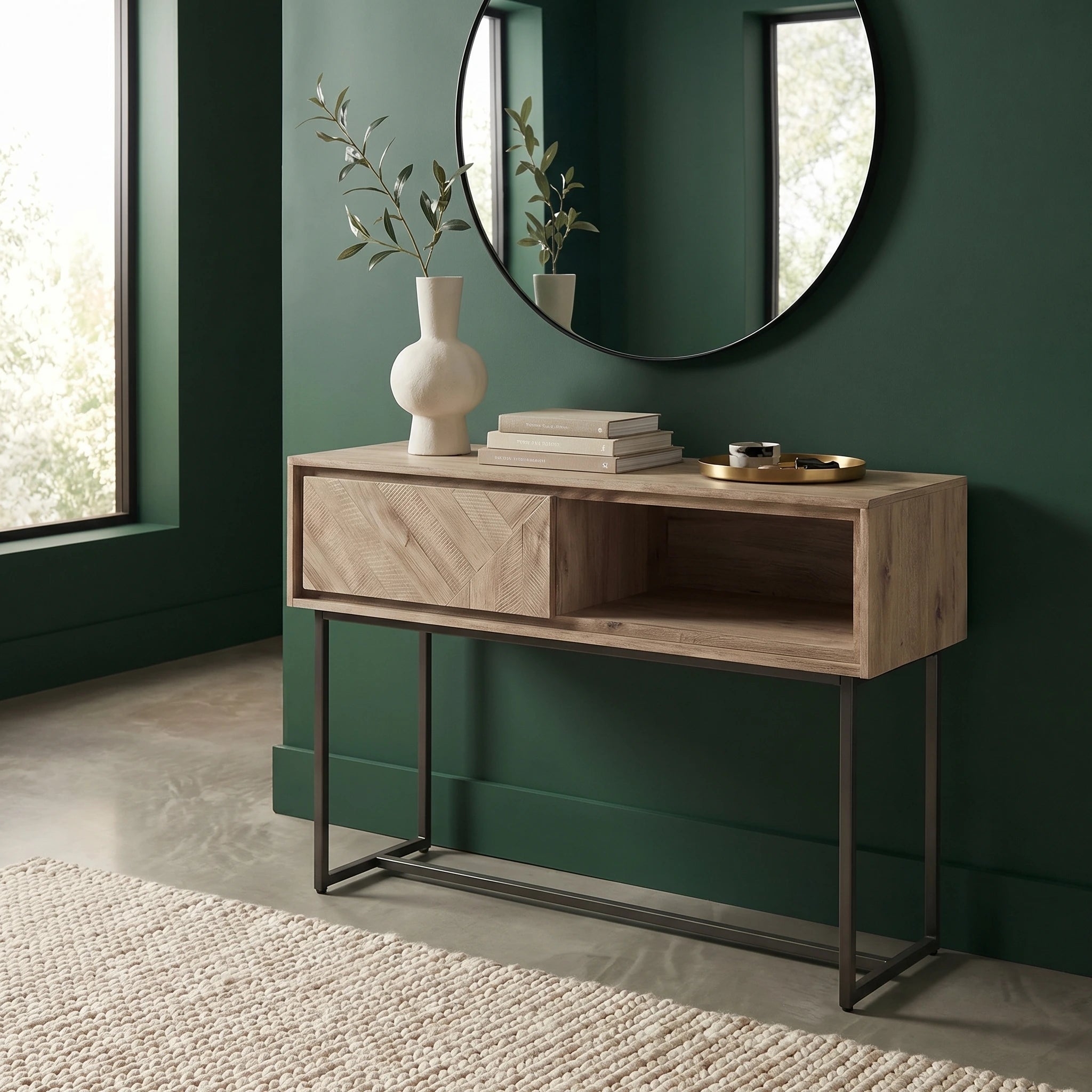 MARCA sand washed solid acacia wood console table with 1 drawer and 1 open niche