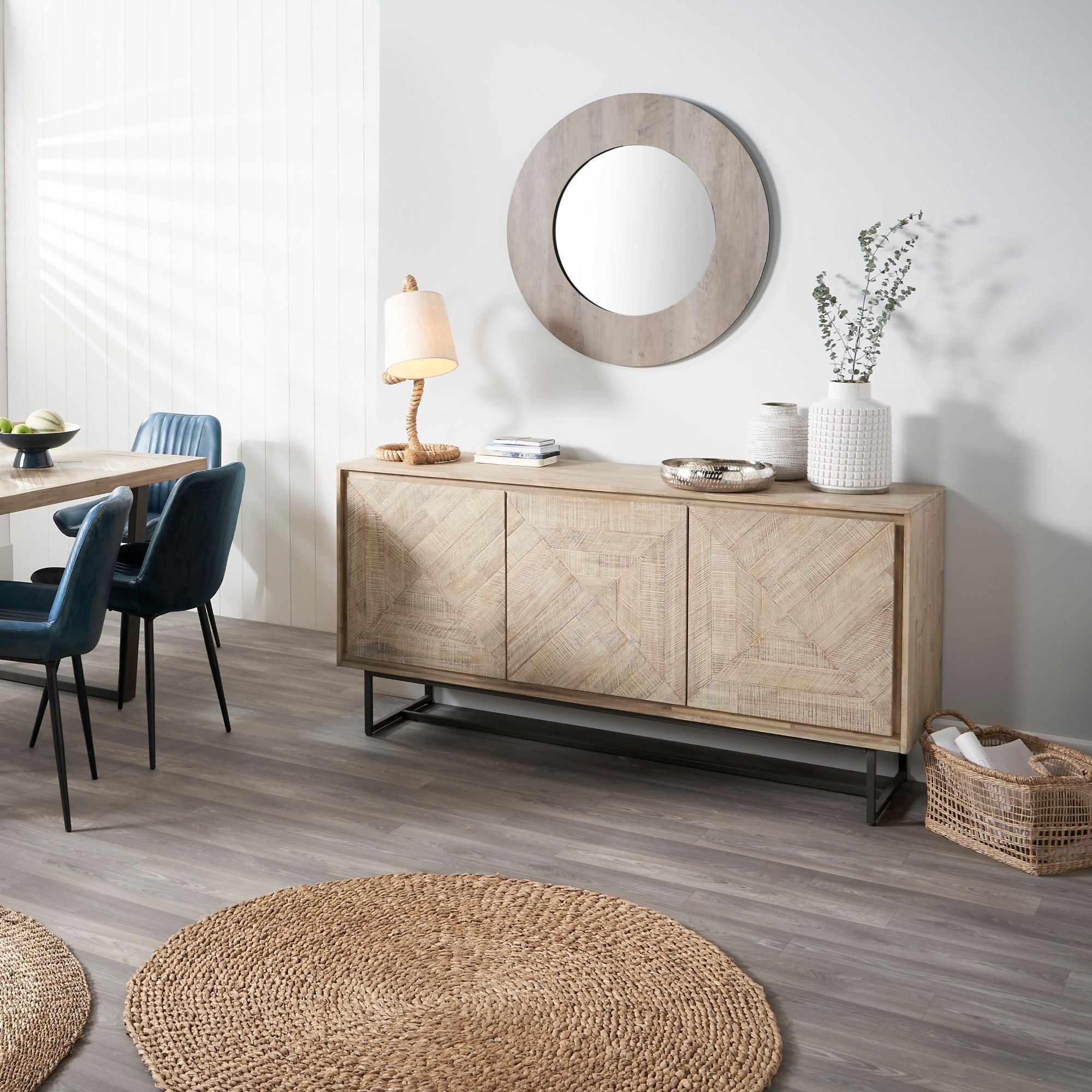 MARCA Sand Washed Acacia Wood 3 Door Sideboard | malletandplane.com