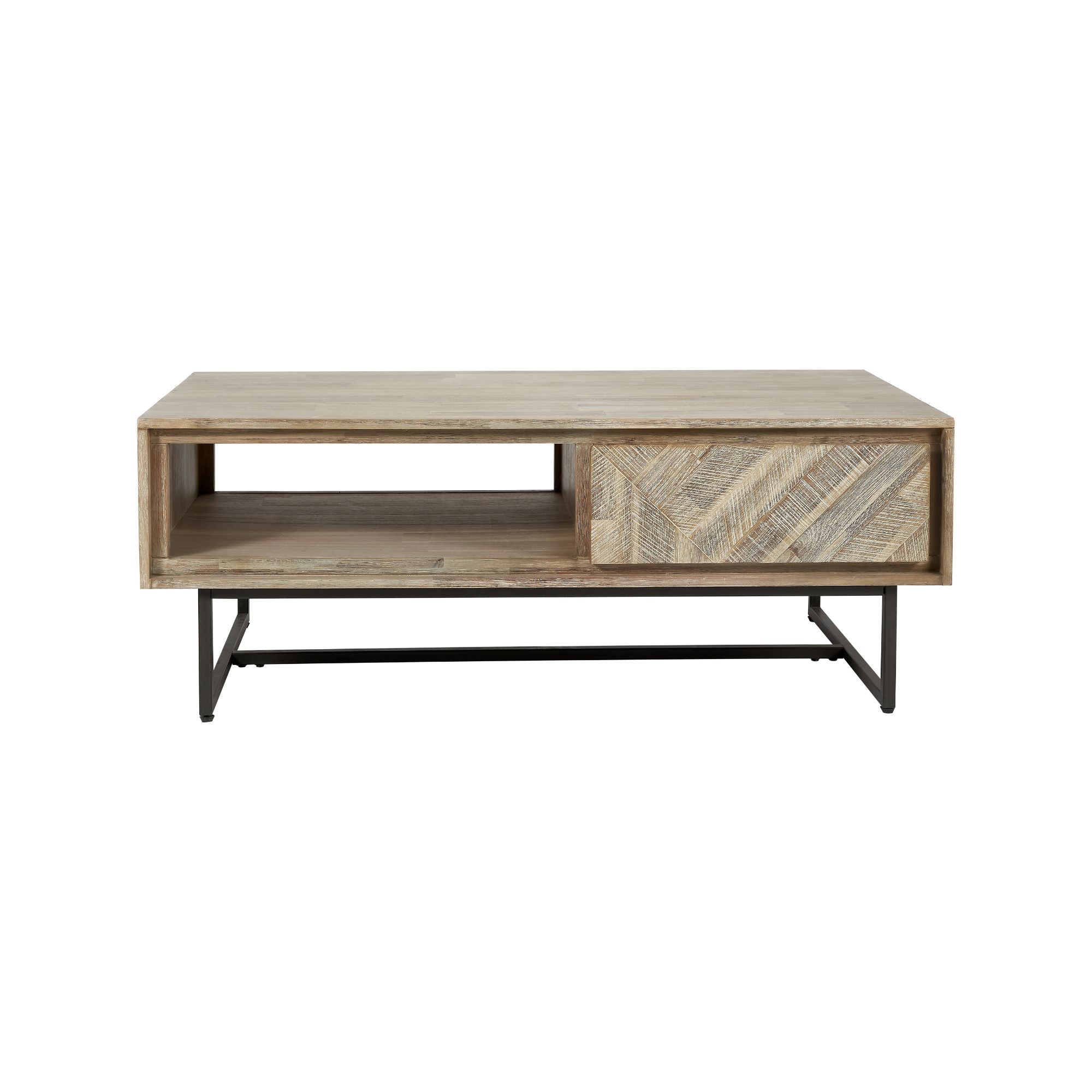MARCA  sand washed acacia wood coffee table with 2 drawers and open slot | malletandplane.com