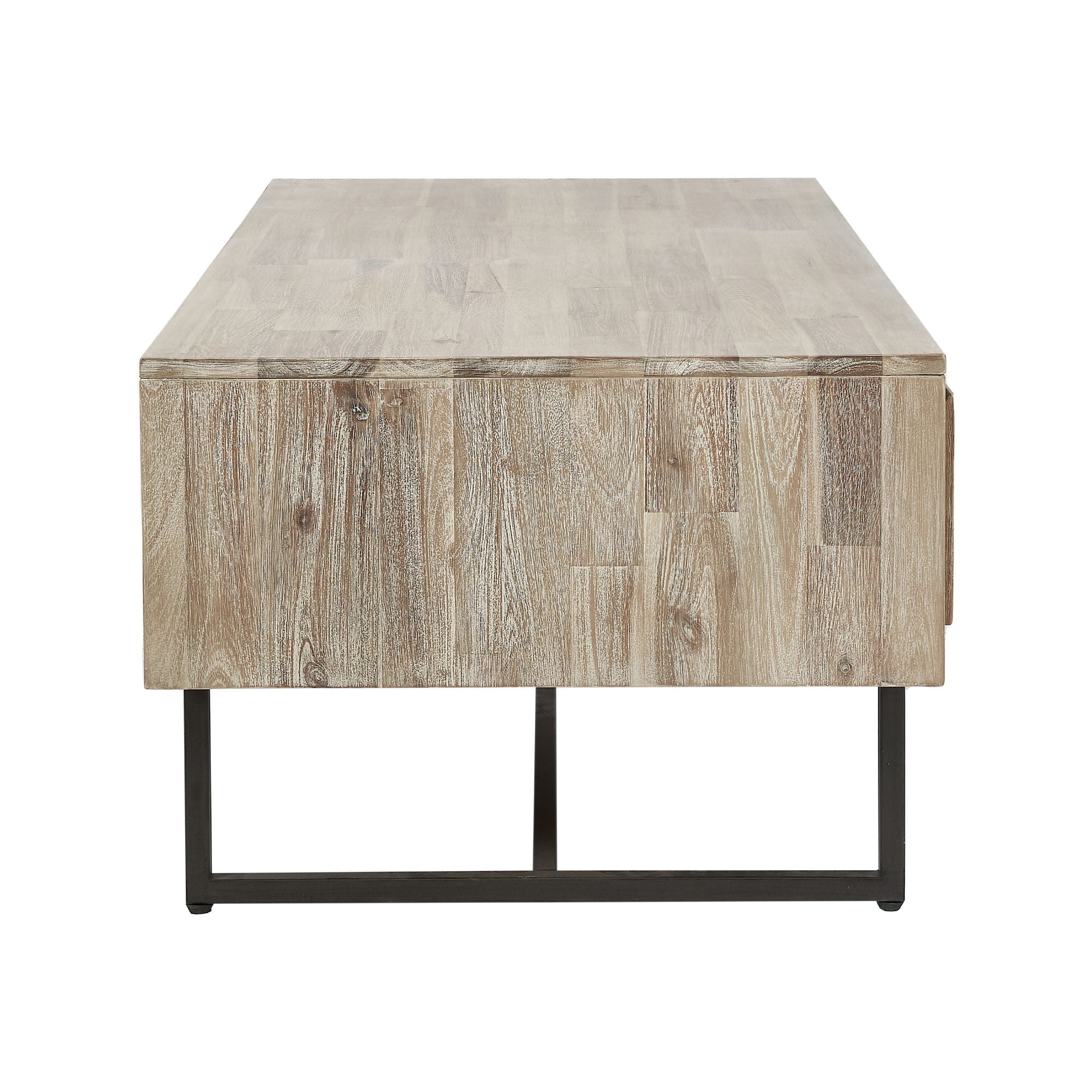 MARCA  sand washed acacia wood coffee table with 2 drawers and open slot | malletandplane.com