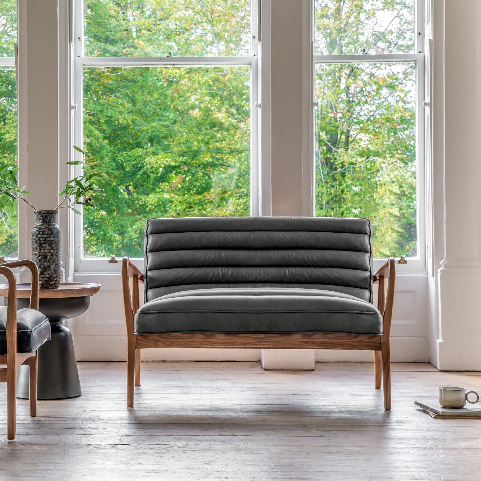 Marcus 2 seat leather sofa in antique ebony top grain leather with ash frame in mid century style | MalletandPlane.com