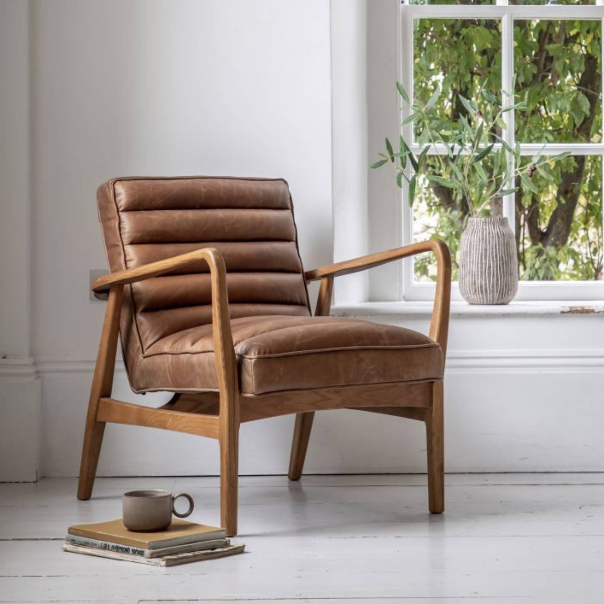 Marcus vintage brown leather armchair with stitching detail and solid wood frame | MalletandPlane.com