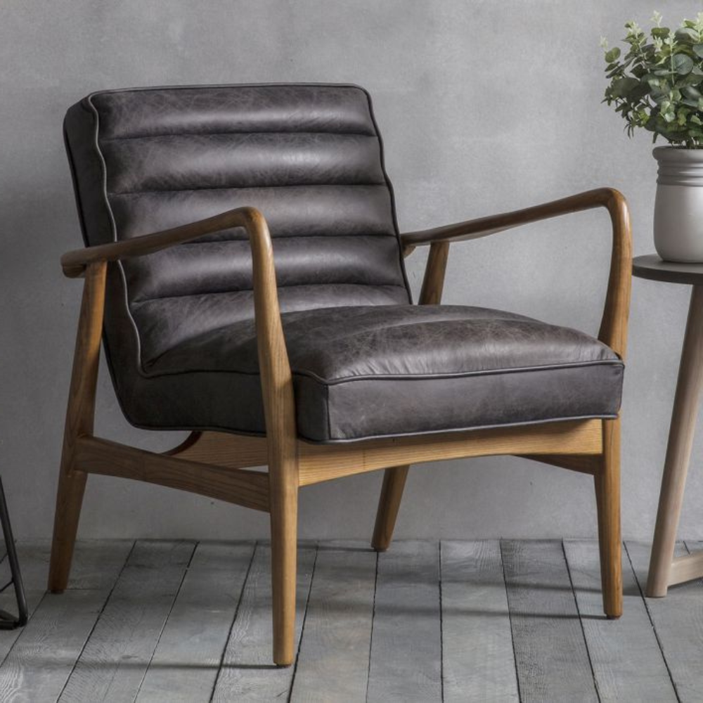 Marcus Armchair in top grain ebony leather with a solid oak frame | MalletandPlane.com