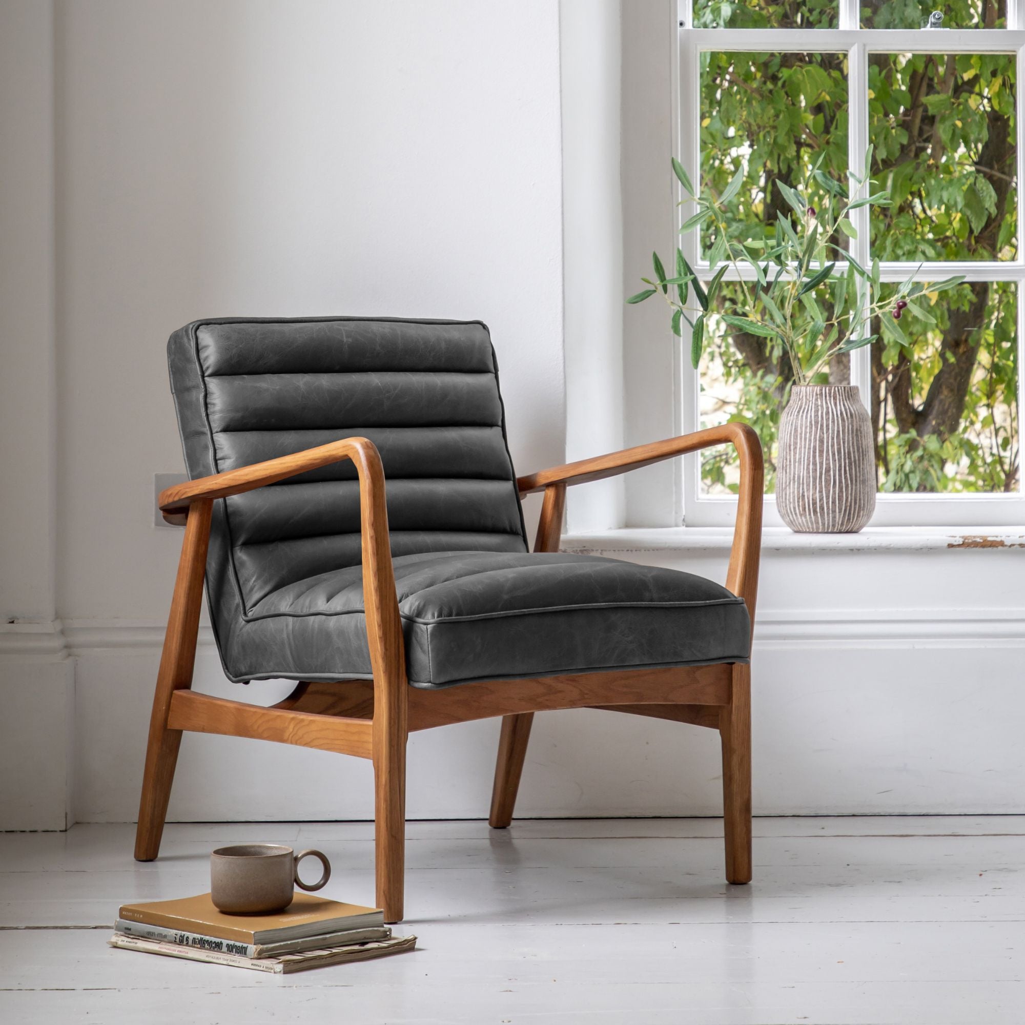 Marcus Armchair in top grain ebony leather with a solid oak frame | MalletandPlane.com