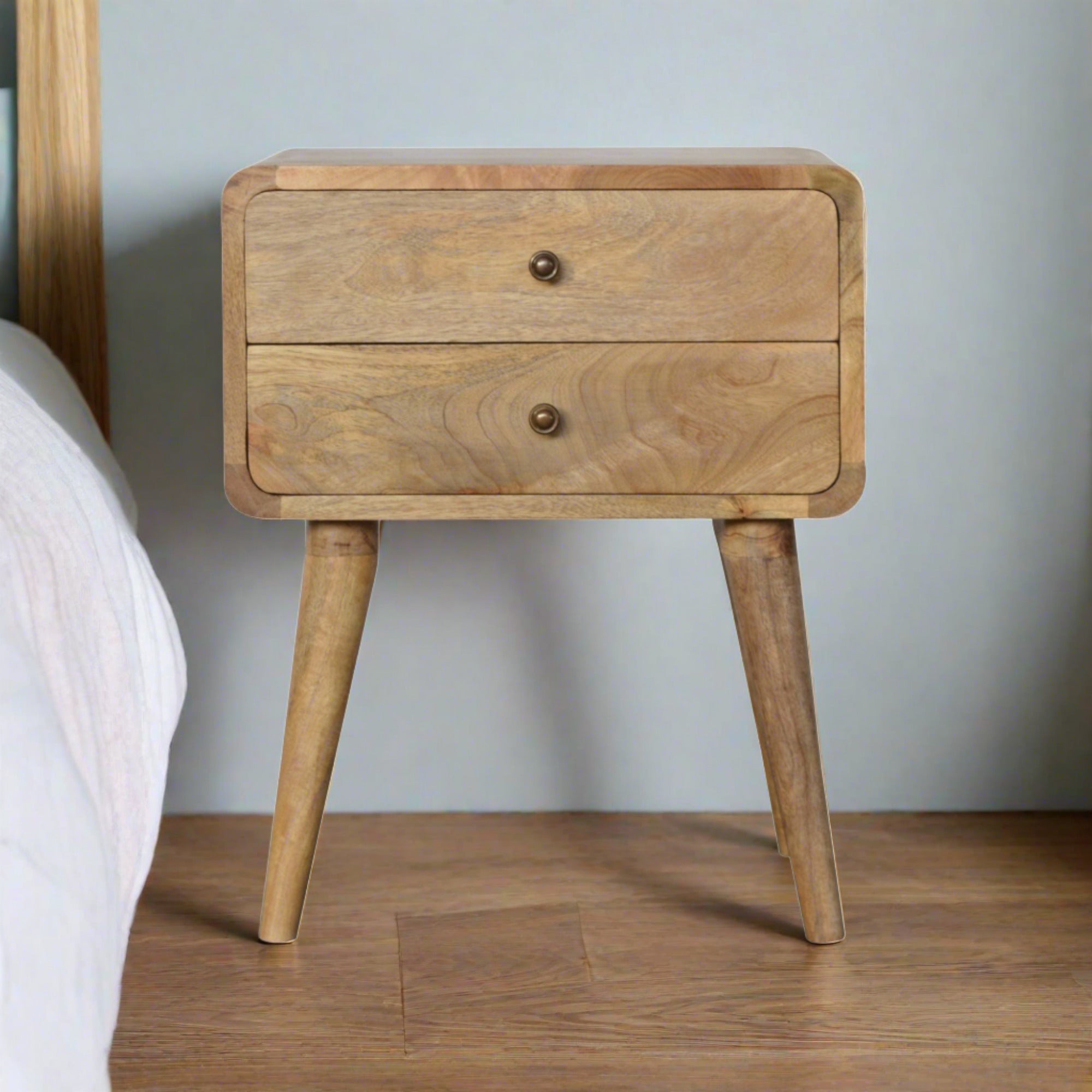 Modal solid wood bedside table with 2 drawers in a natural oak-ish finish | malletandplane.com