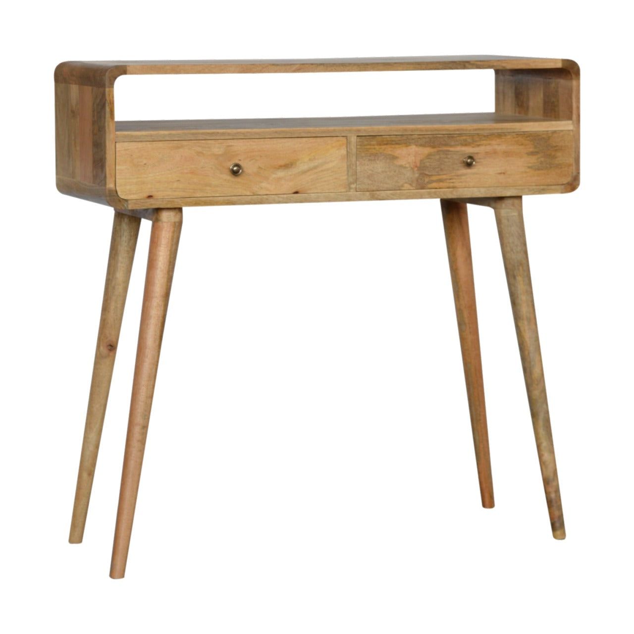 Modal handmade solid wood console table with drawers and open storage shelf in oak-ish finish | malletandplane.com