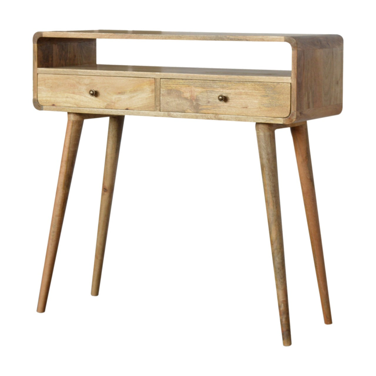 Modal handmade solid wood console table with drawers and open storage shelf in oak-ish finish | malletandplane.com