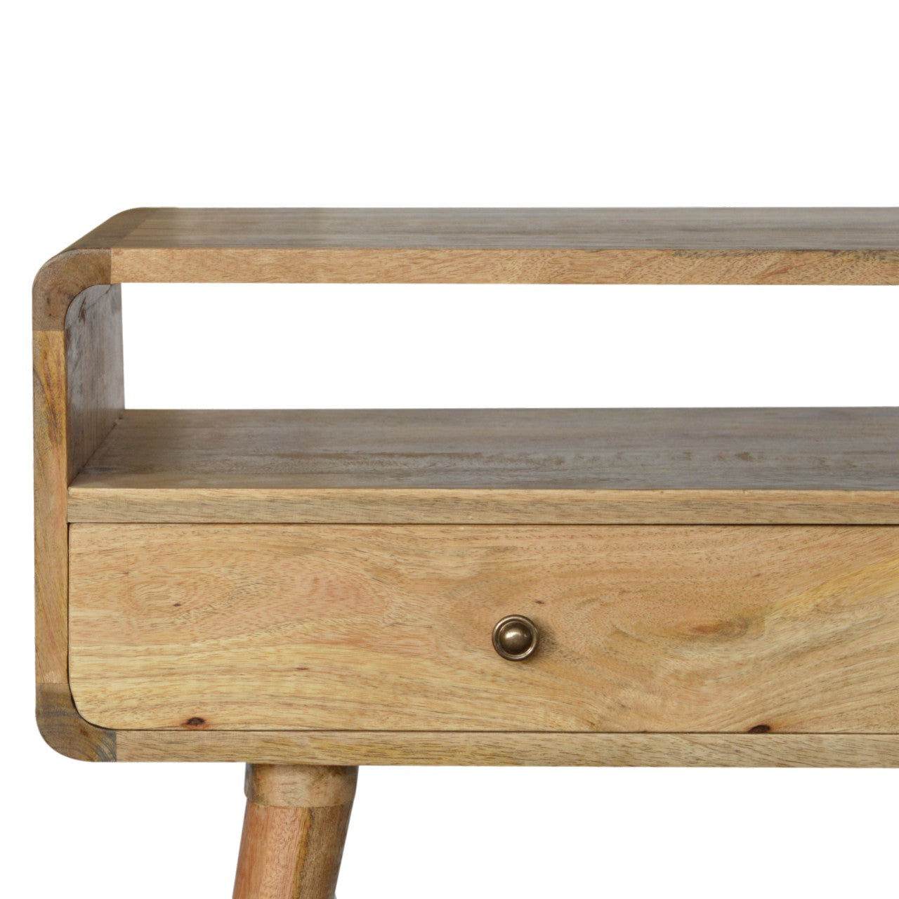 Modal handmade solid wood console table with drawers and open storage shelf in oak-ish finish | malletandplane.com