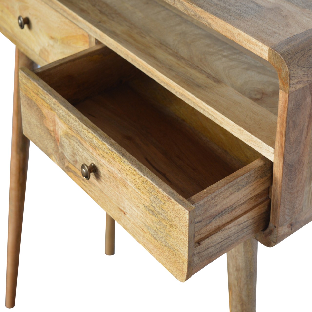 Modal handmade solid wood console table with drawers and open storage shelf in oak-ish finish | malletandplane.com