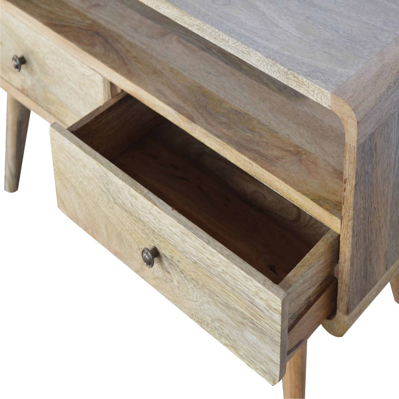 Modal Handmade Solid Wood TV Stand with 2 Drawers and an Open Slot in Natural Oak-ish finish | malletandplane.com