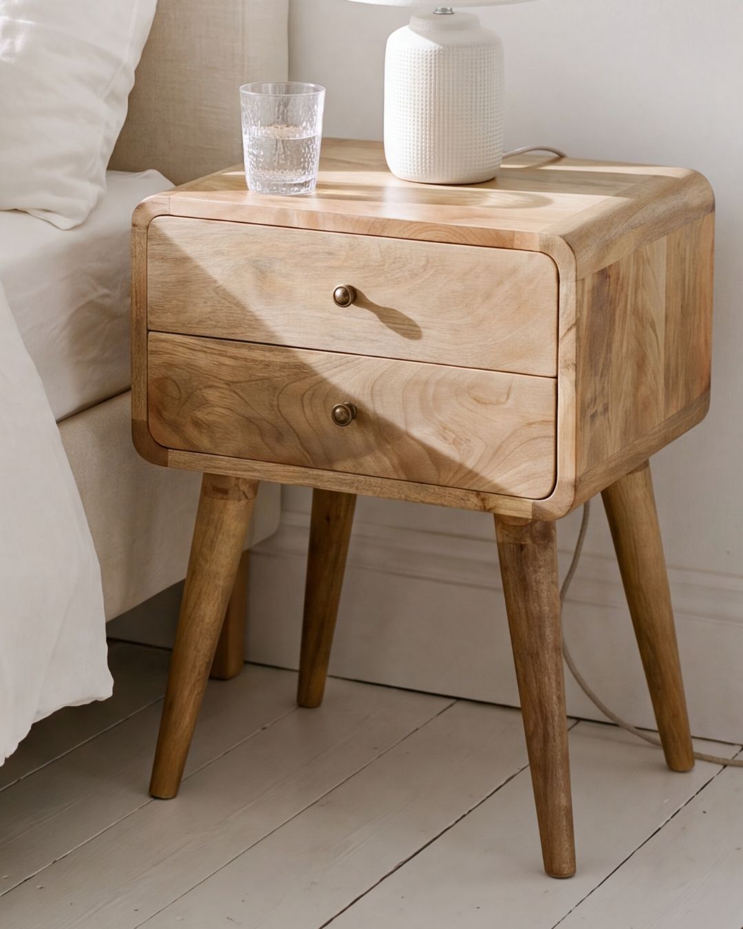 Modal Solid Wood 45cm wide 2 drawer bedside table in Natural Mango Finish