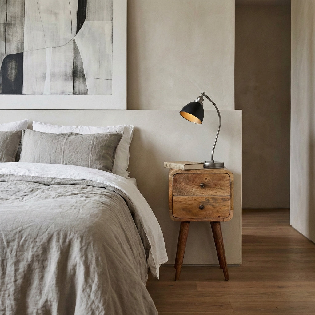 Modal handmade oak-ish 2 drawer narrow bedside table