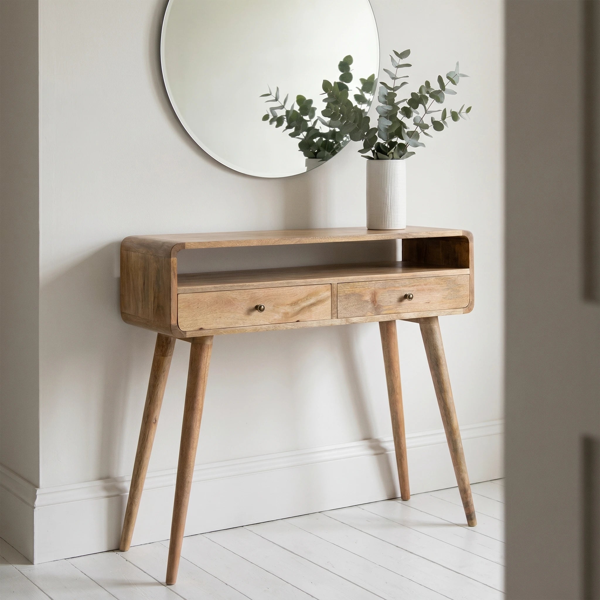 Modal handmade solid wood console table with drawers and open storage shelf in natural finish
