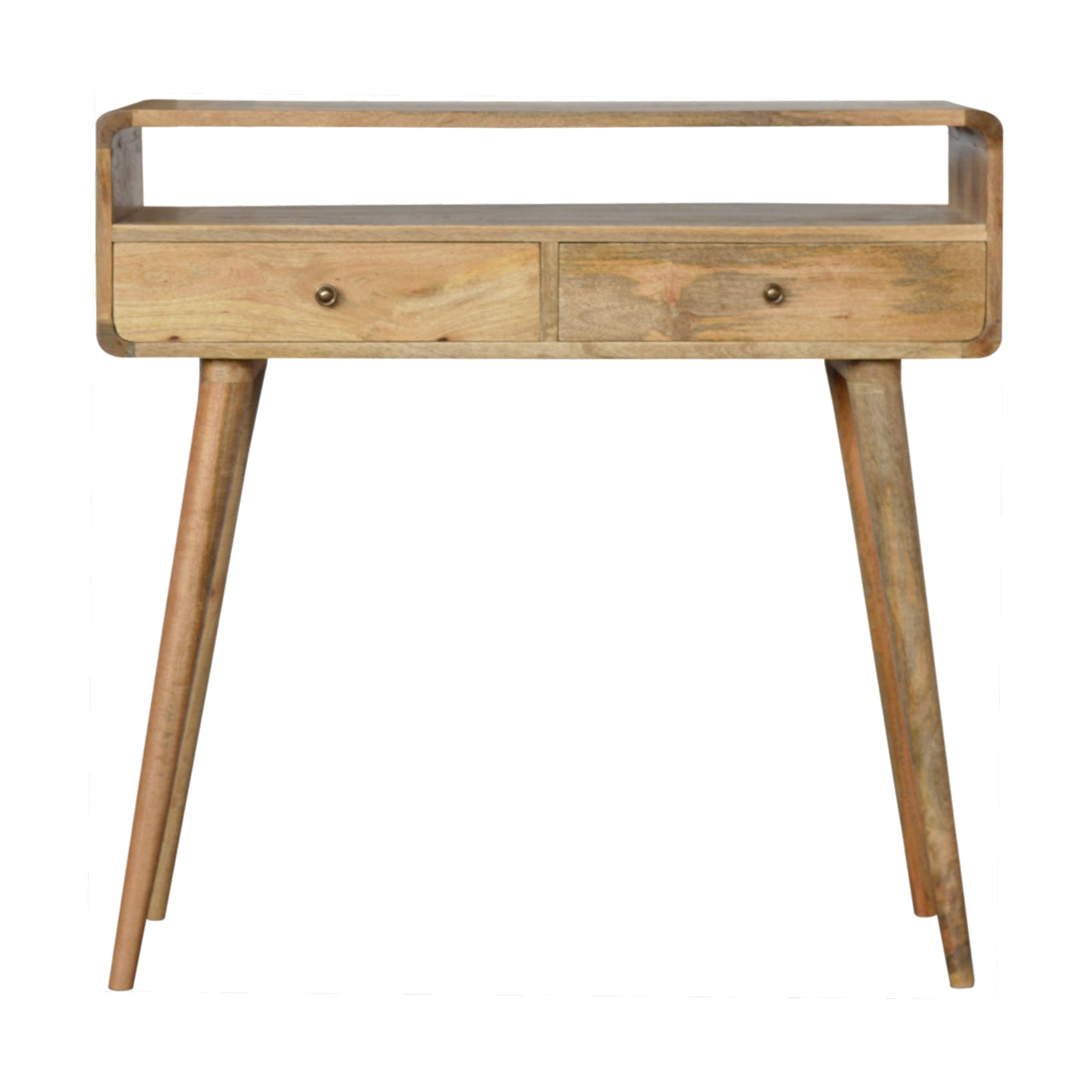 Modal handmade solid wood console table with drawers and open storage shelf in oak-ish finish
