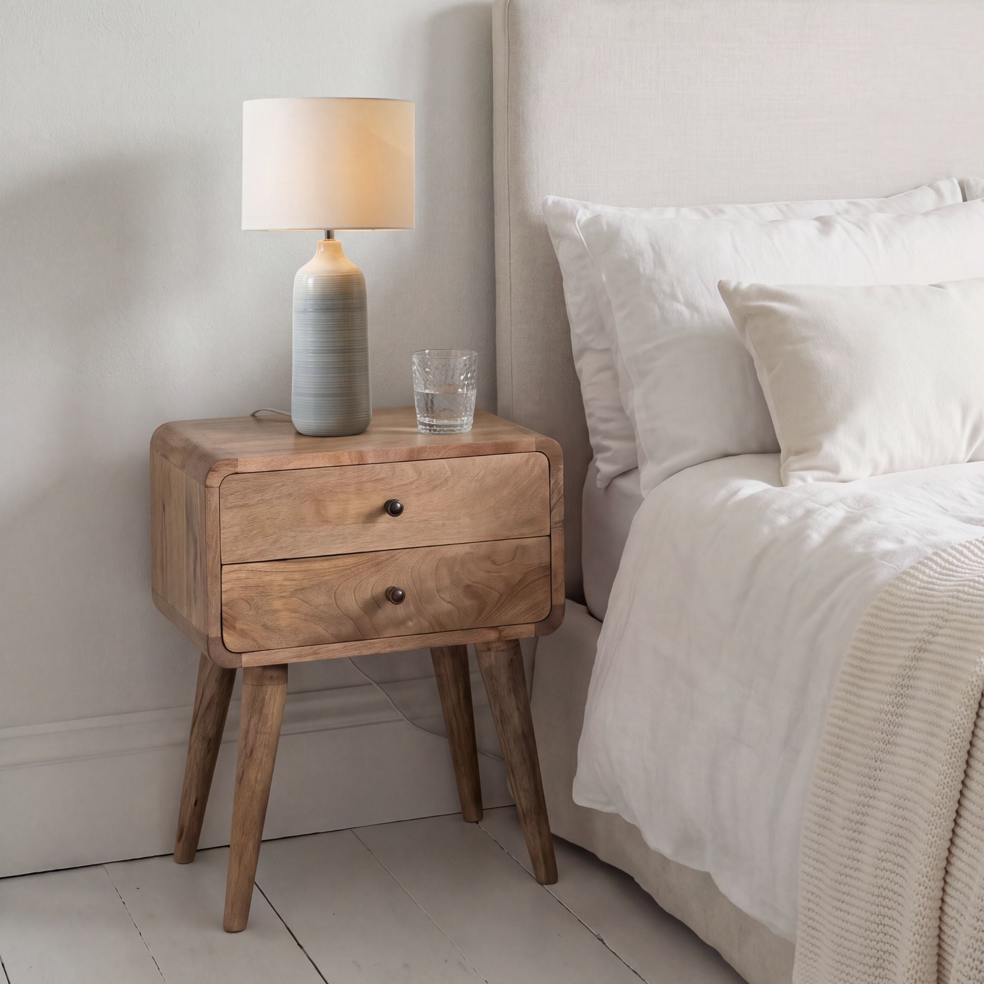 Modal Solid Wood 45cm wide 2 drawer bedside table in Natural Mango Finish