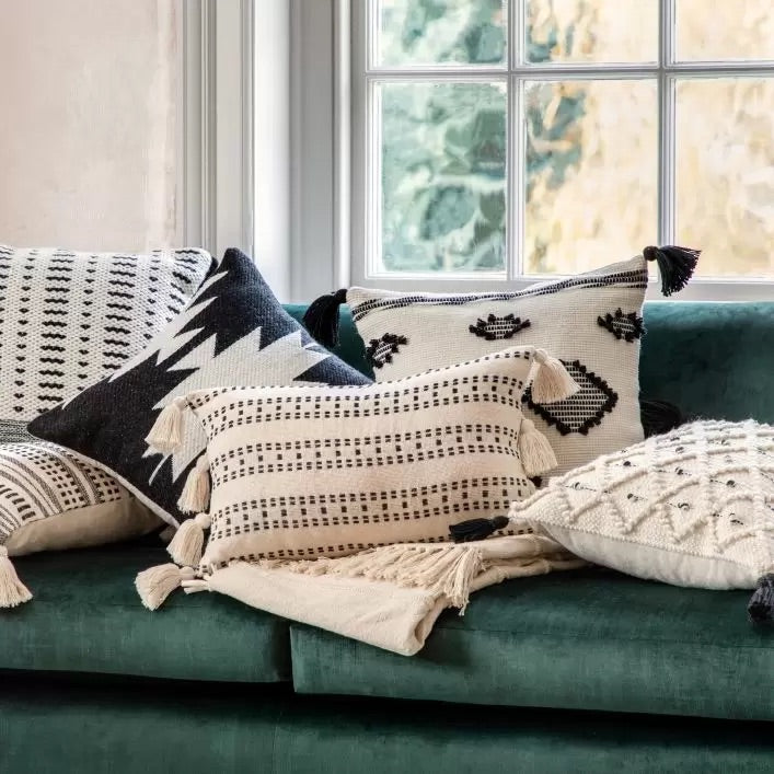 Mono rectangular tassel cushion with monochromatic woven pattern | malletandplane.com