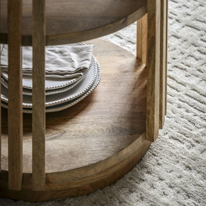 Nelson mango wood slatted round dining table with storage | malletandplane.com