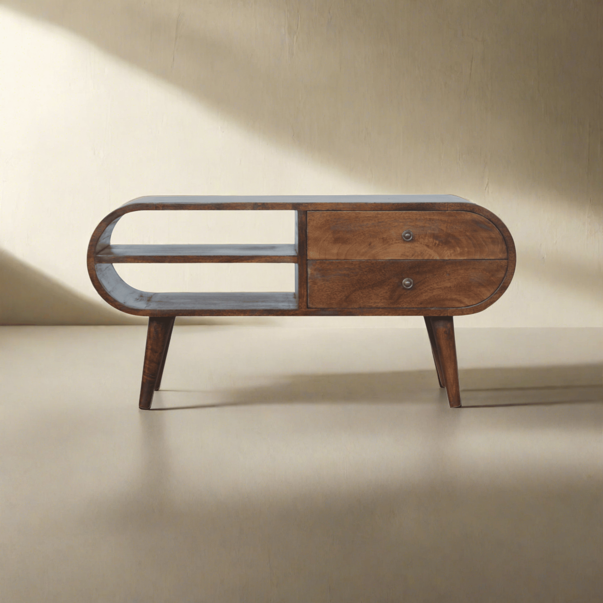 Newton handmade 2 Drawer Curved Wooden TV Stand in Deep Chestnut | malletandplane.com