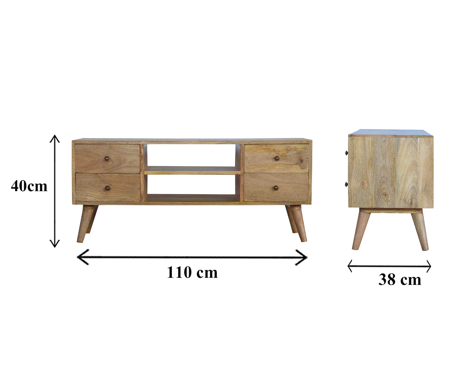 Nordic wooden TV stand with 4 drawers in rustic natural oak-ish finish | malletandplane.com