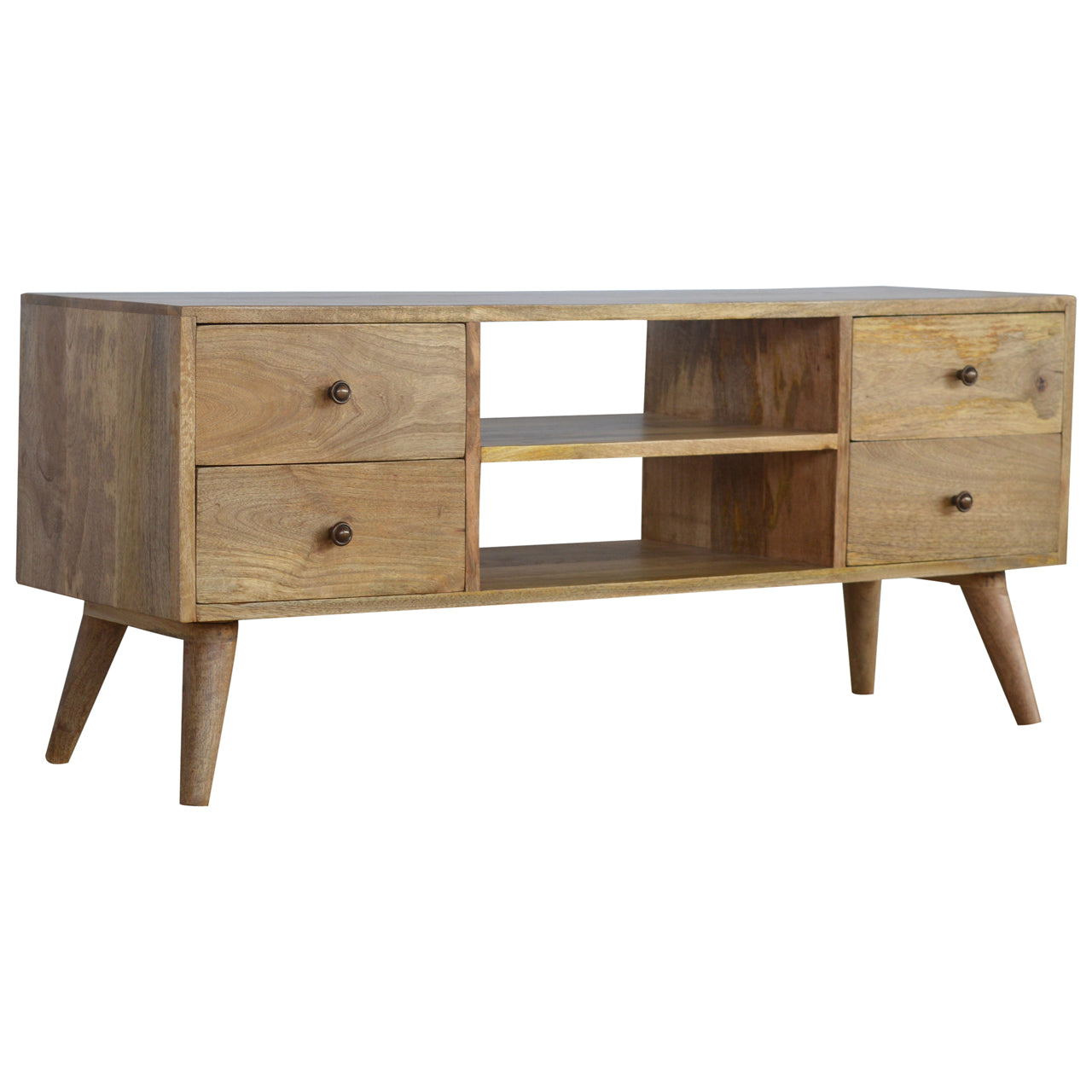 Nordic wooden TV stand with 4 drawers in rustic natural oak-ish finish | malletandplane.com