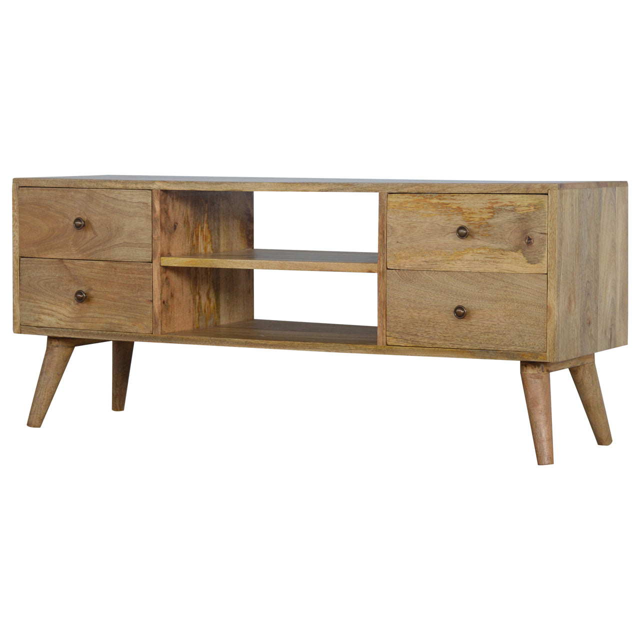 Nordic wooden TV stand with 4 drawers in rustic natural oak-ish finish | malletandplane.com