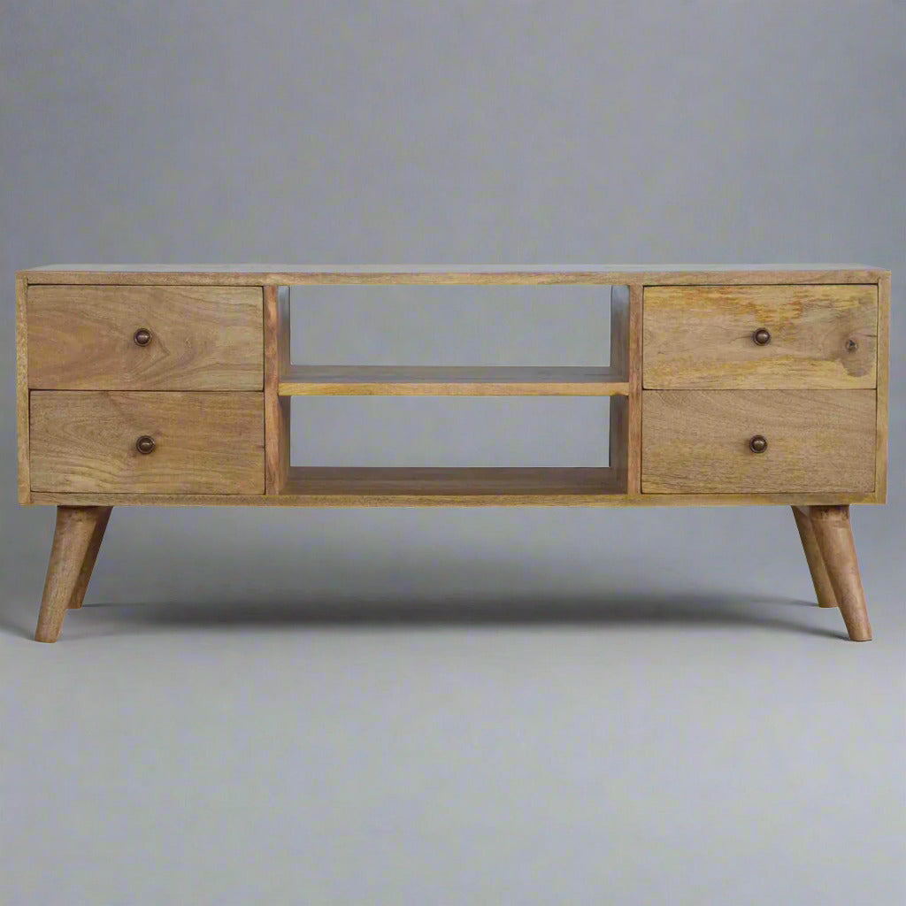 Nordic wooden TV stand with 4 drawers in rustic natural oak-ish finish | malletandplane.com