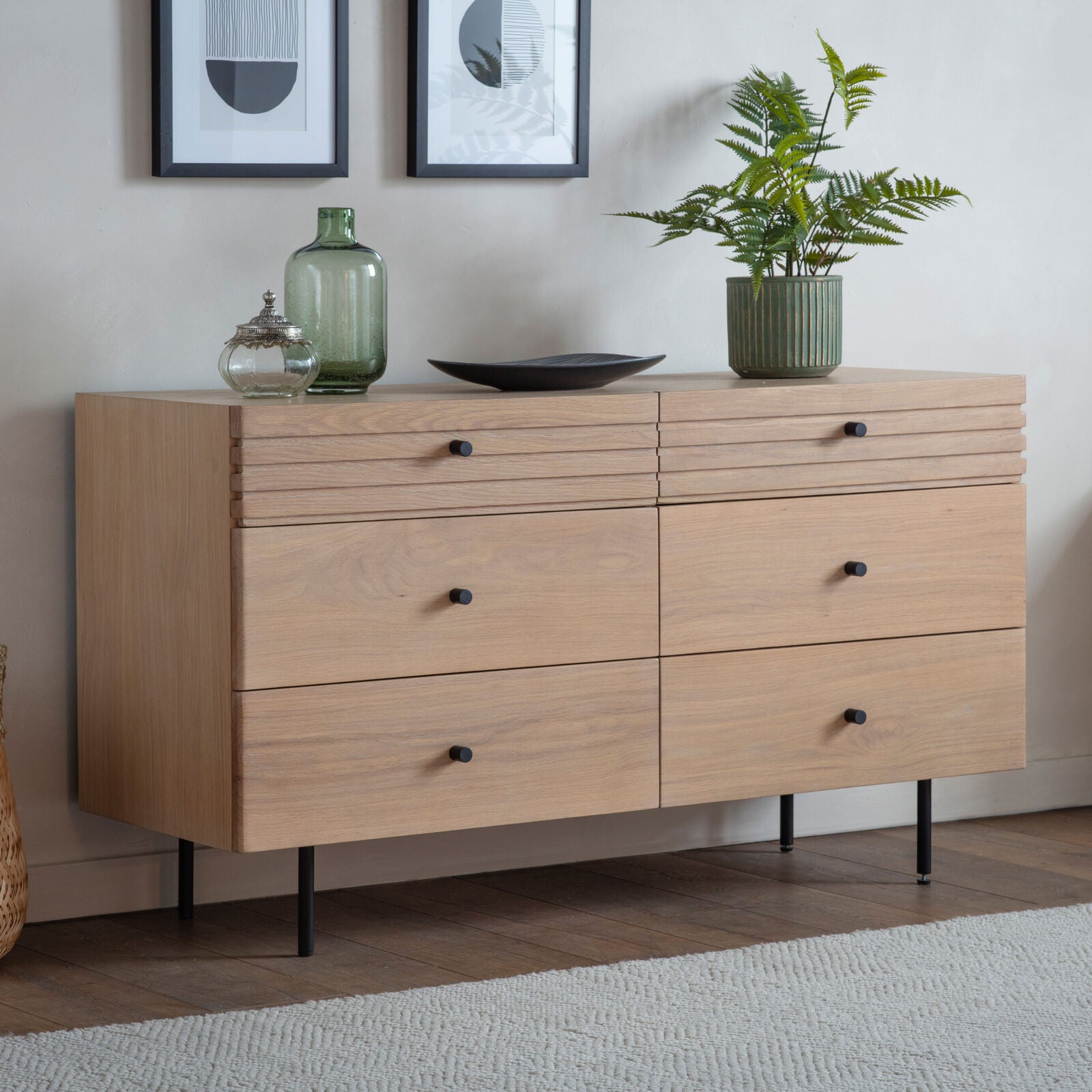 OKAYAMA natural oak chest of 6 Drawers with black metal legs and handles | malletandplane.com