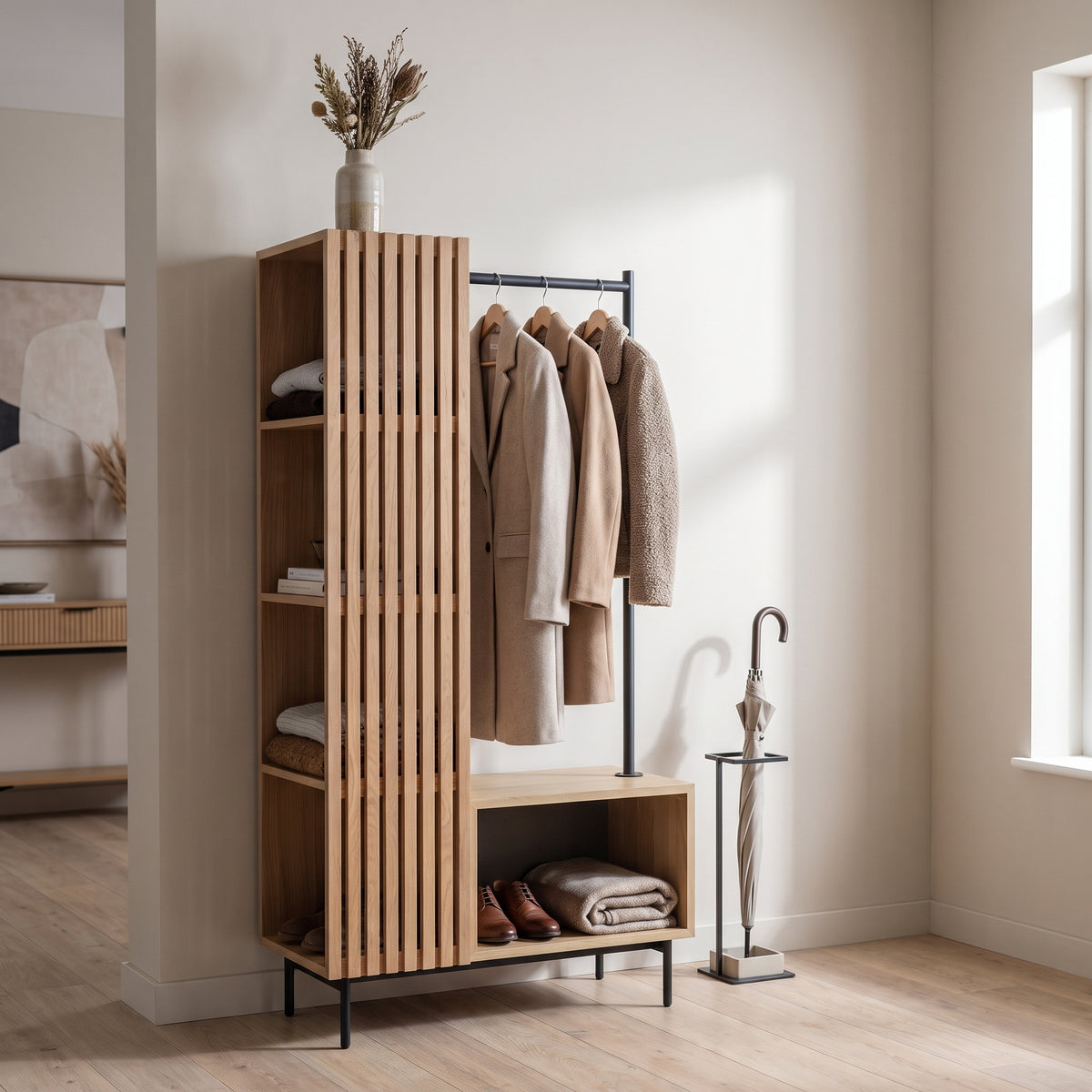 OKAYAMA oak open wardrobe with black hanging rail and slatted shelving