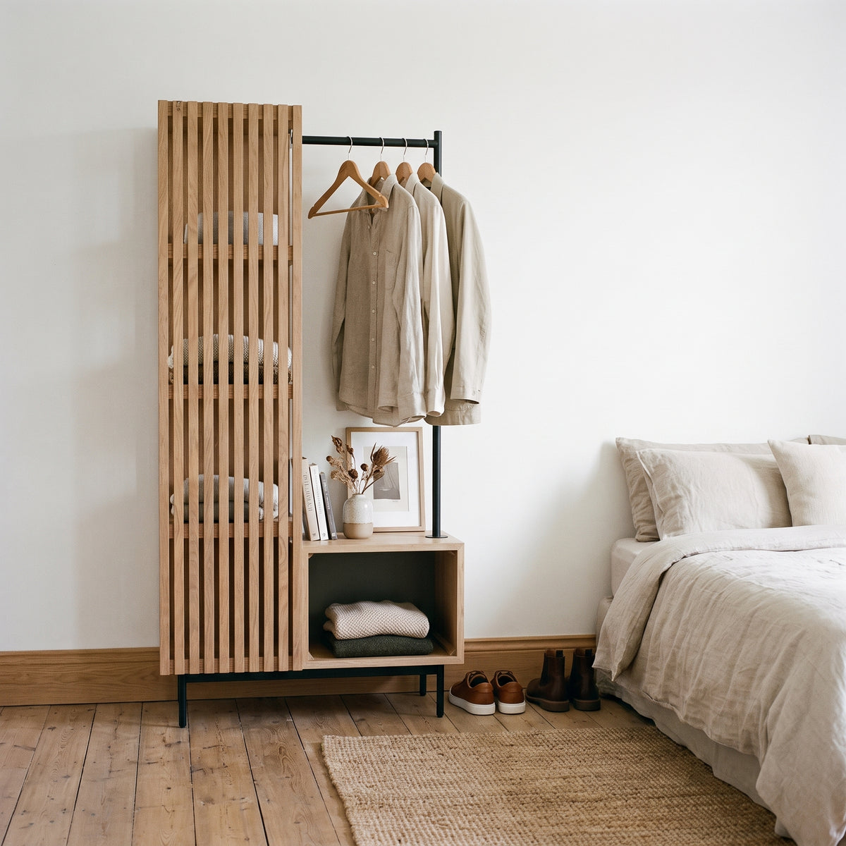 OKAYAMA oak open wardrobe with black hanging rail and slatted shelving