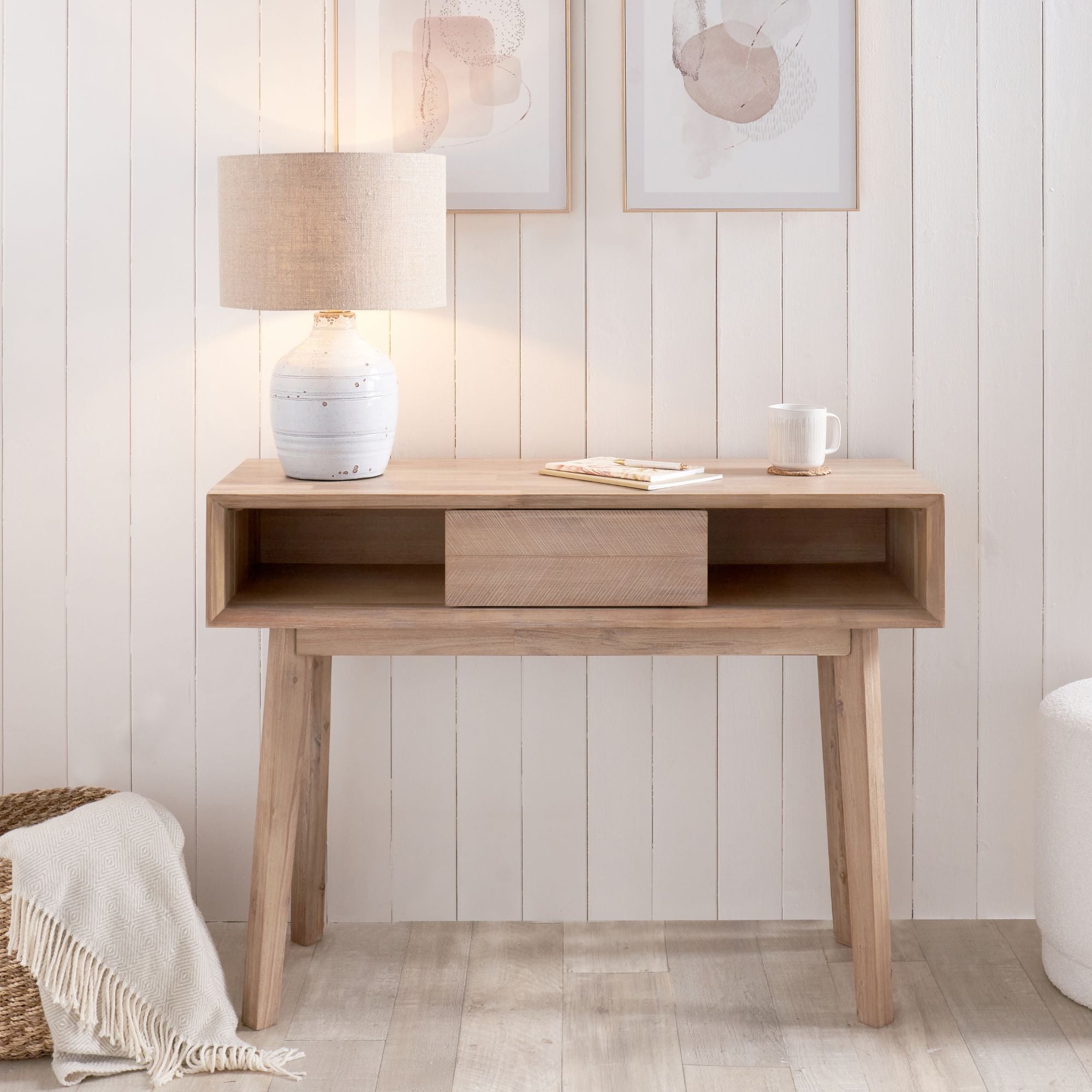 Orsa sand washed solid acacia wood console table with 1 drawer and 2 open slots | malletandplane.com